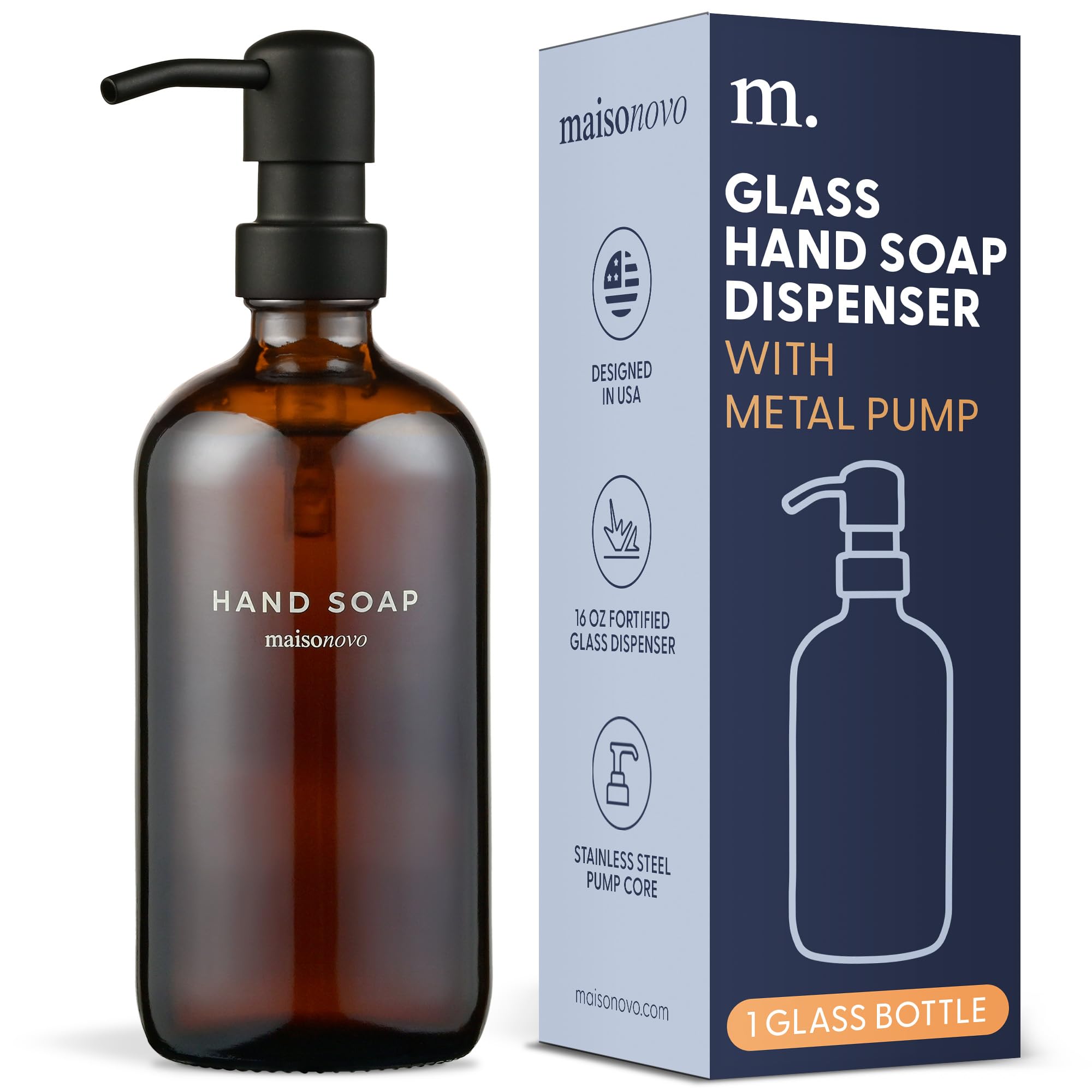 MaisoNovo Hand Soap Dispenser for Bathroom | 16.9 fl oz Amber Glass Black Pump x 1