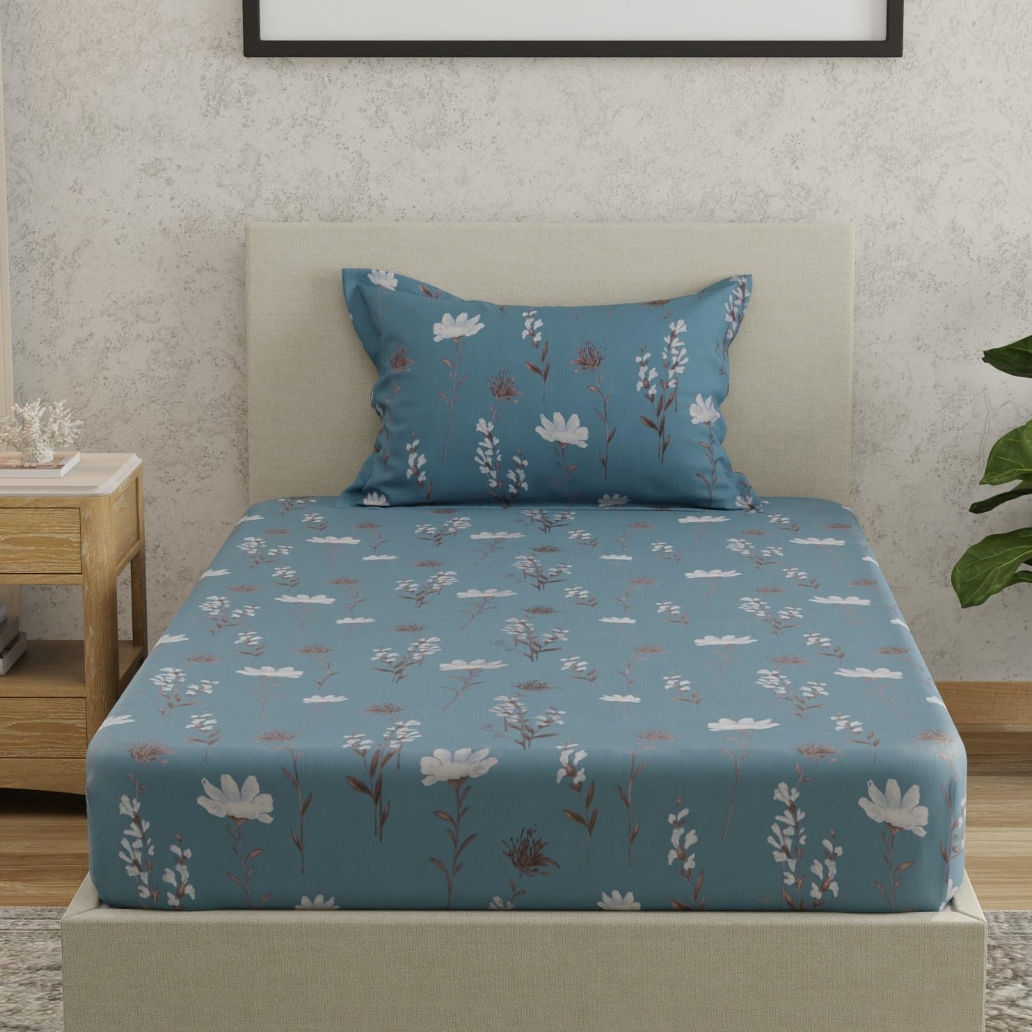 Huesland By Ahmedabad Cotton 144 Tc Bedsheet For Single Bed With 1 Pillow Cover | Blue, White & Grey