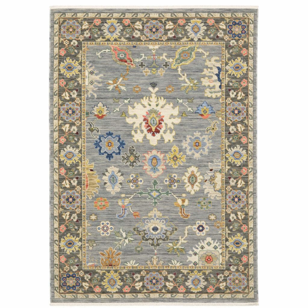 HomeRoots 509347 3 x 5 ft. Blue Gray Gold Green Pink Orange Ivory & Red Oriental Power Loom Stain Resistant Rectangle Area Rug with Fringe