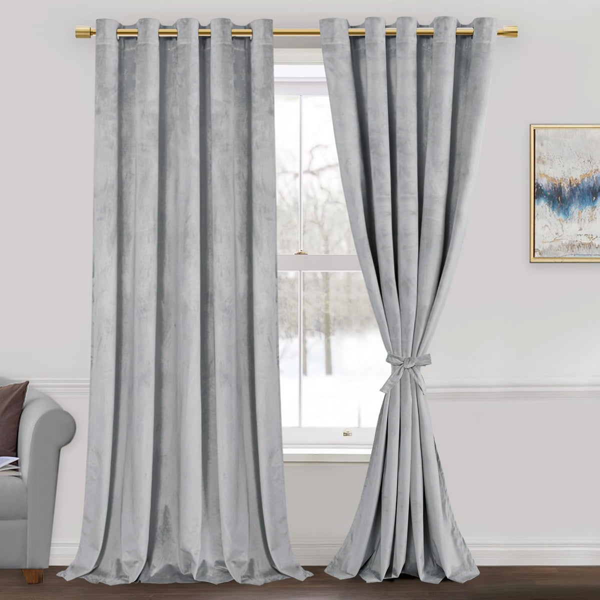 Jiuzhen Silver Grey Velvet Curtains 108 Inches For Living Room - Thermal Insualted Room Darkening Grommet Thick Velvet Window Dr