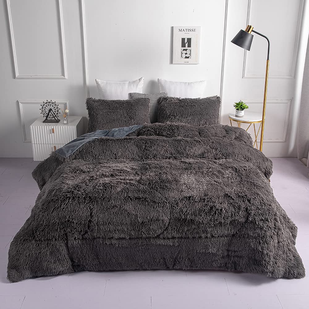 Chovy Faux Fur Plush Gray Comforter Sets Full/Queen - Ultra Soft Shaggy Flannel Velvet Fluffy Fuzzy 3Pc Bedding Set (Comforter X