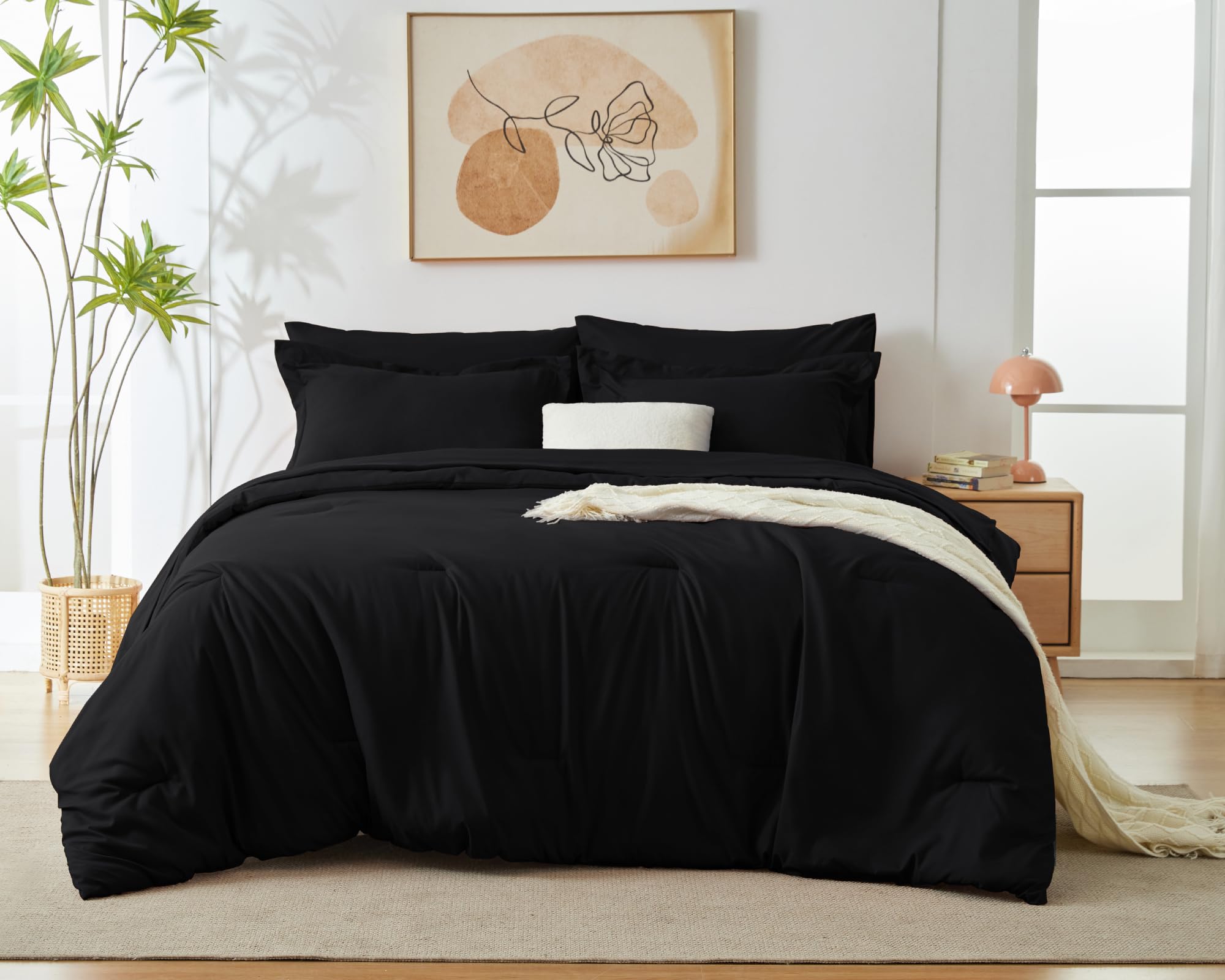 Cozylux King Comforter Set Black, 7 Pieces Bed In A Bag Soft Bedding Comforter Set With Sheets, All Season Boho 7Pc Bed Sets With Comforter, Fitted Sheets, Flat Sheets, Pillow Shams And Pillowcases