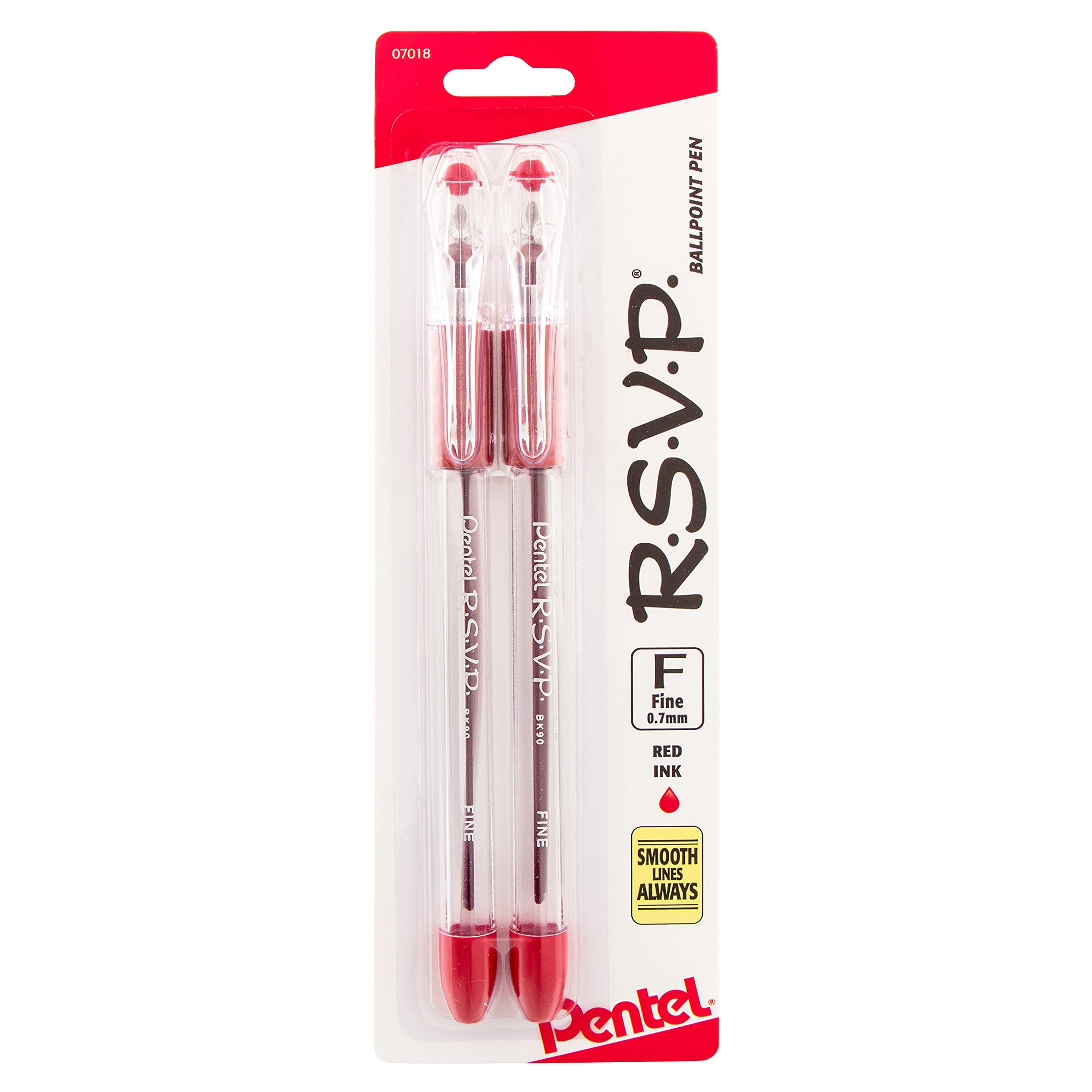 Pentel Rsvp Ballpoint Pen, Fine Line, (0.7Mm), Red Ink (Bk90Bp2B) (Pack Of 1, 2 Count Total)