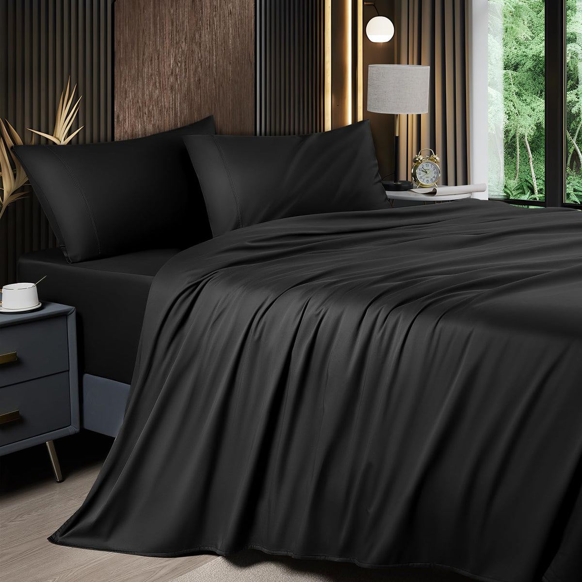 Shilucheng 4-Piece Queen Size Sheets Set,Rayon Derived From Bamboo_ Sheets,Cooling & Breathable Bed Sheets, Silky Bedding Sheets