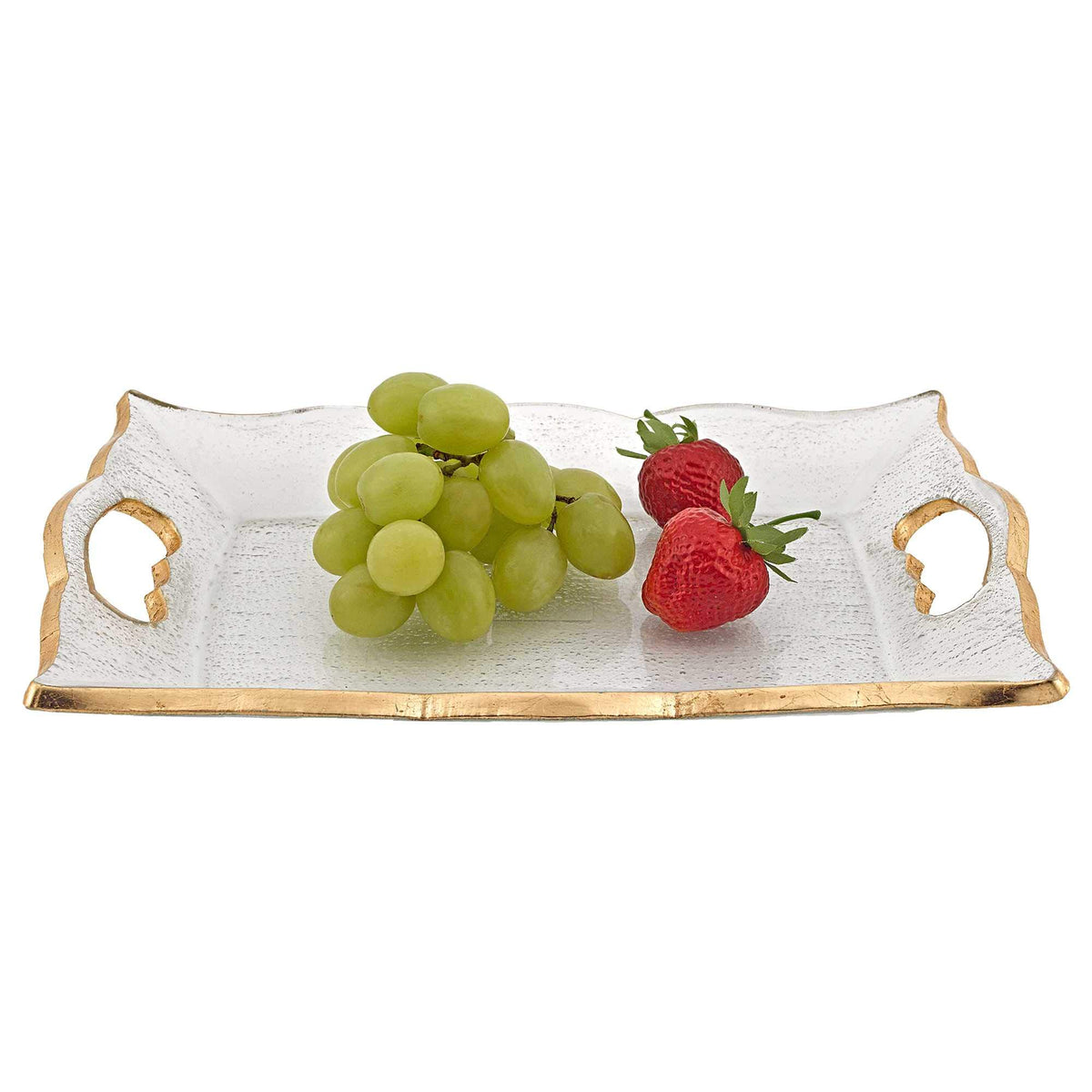 HomeRoots Glass 7 x 11 Hand Decorated Scalloped Edge Gold Leaf Vanity or Snack Tray with Cut Out Handles