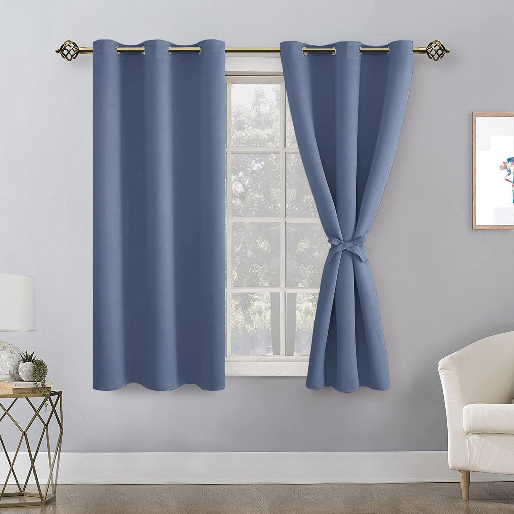 Hiasan Short Blackout Curtains For Bedroom - Thermal Insulated & Energy Saving Window Curtains For Living Room, 2 Drape Panels Sewn With Tiebacks, Blue Haze, 38 X 45 Inch