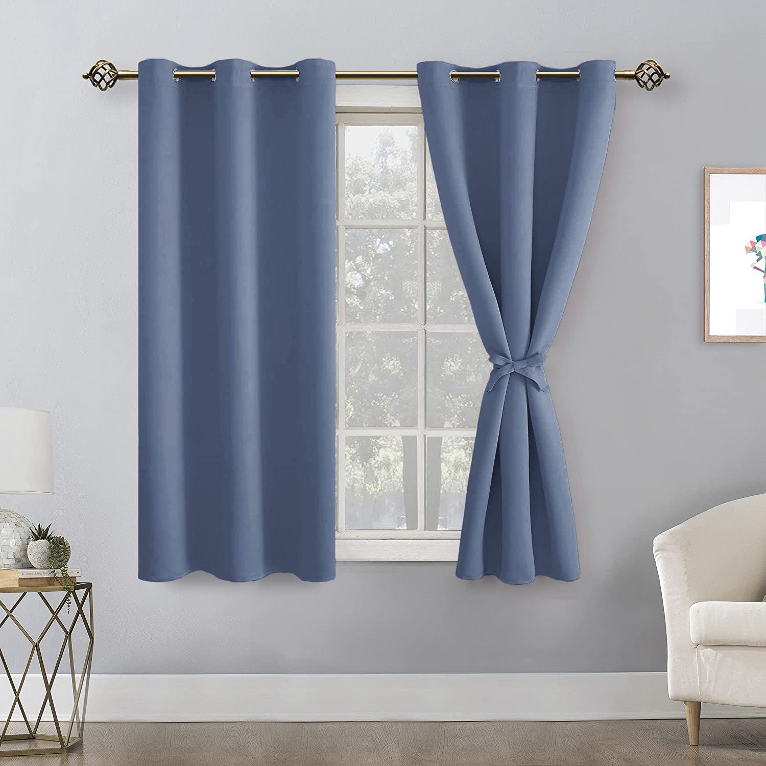 Hiasan Short Blackout Curtains For Bedroom - Thermal Insulated & Energy Saving Window Curtains For Living Room, 2 Drape Panels Sewn With Tiebacks, Blue Haze, 38 X 45 Inch