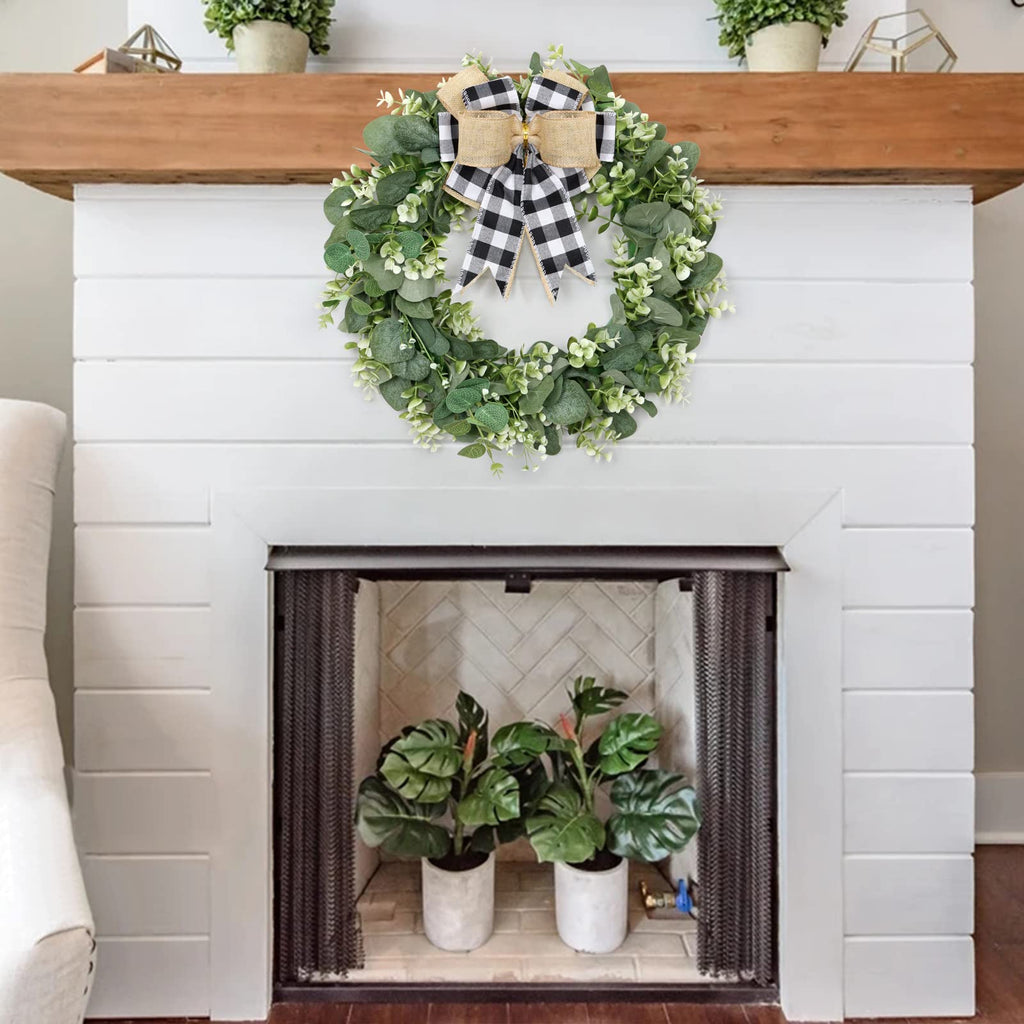 Dremisland Buffalo Plaid Wreath-16 Inch Artificial Eucalyptus Wreath With Plaid Bow | Spring Summer Fall Wreath For Front Door F