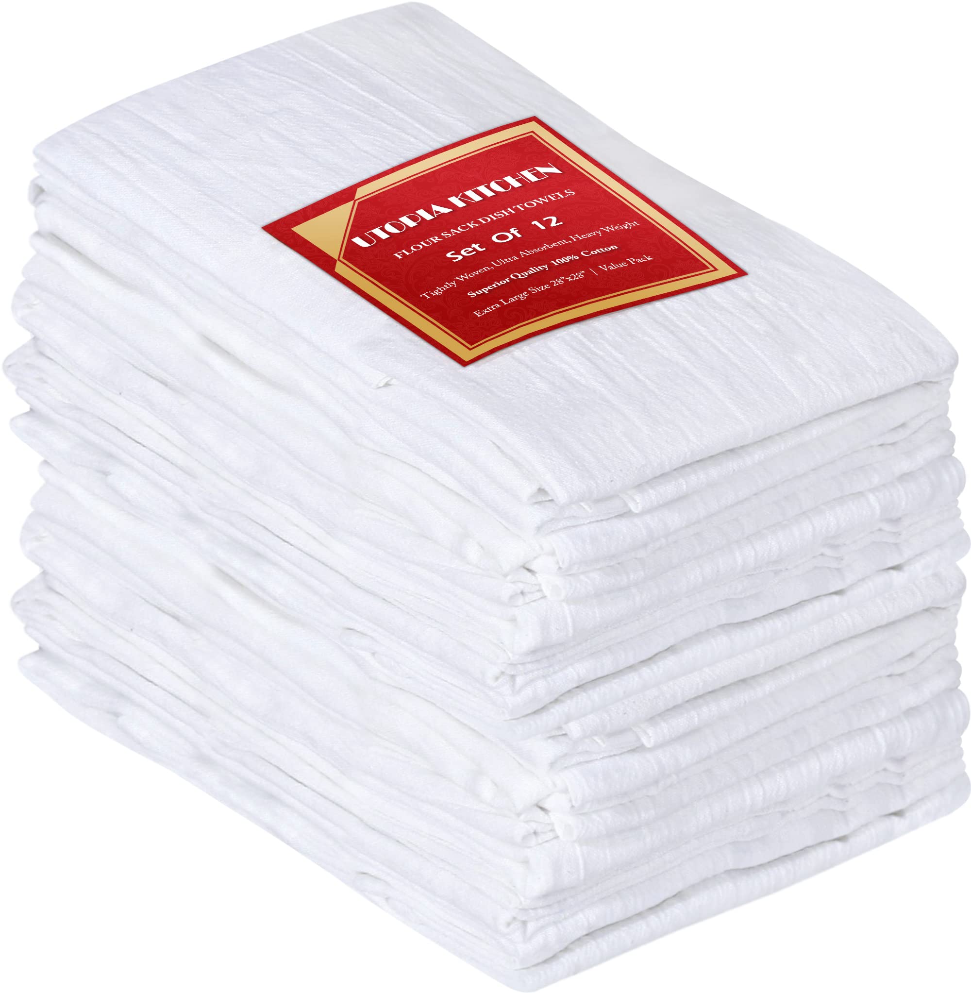 Utopia Kitchen [12 Pack - 28 x 28 Inches White Flour Sack Towels 100% Cotton Tea Towels for Cleaning & Drying - Highly Absorbent