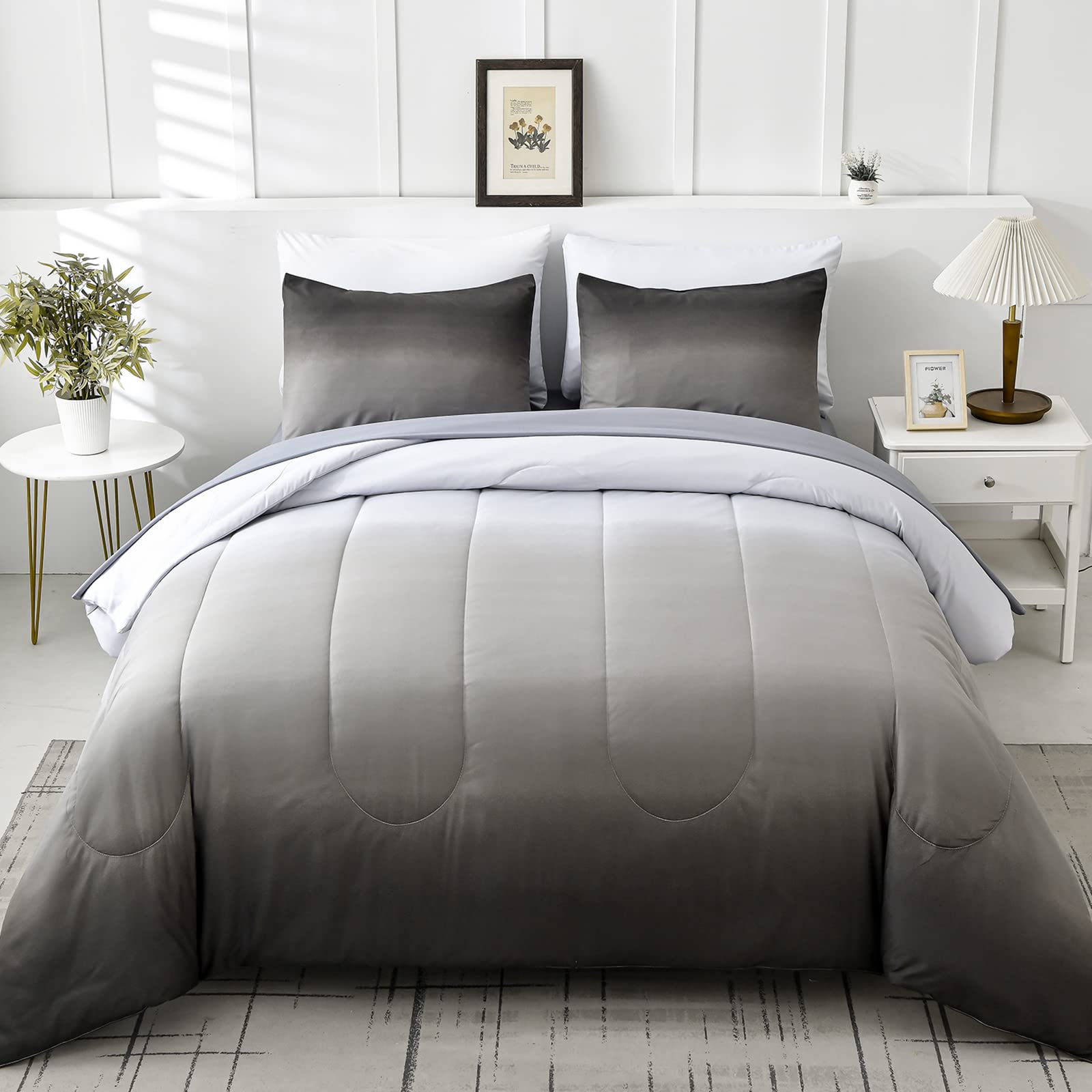 7 Pieces Grey Comforter Set King Size Gradient Black Gray White Bed In A Bag For King Bed - All Season Lightweight Microfiber Be