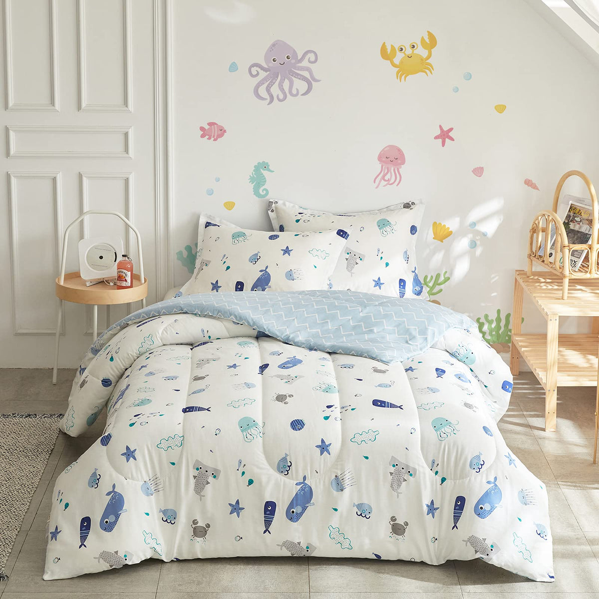 Joyreap 3Pcs Premium Cotton Comforter Set For Kids Boys N Girls, Vibrant Ocean Theme Starfish Whale Crab Printed, Skin-Friendly