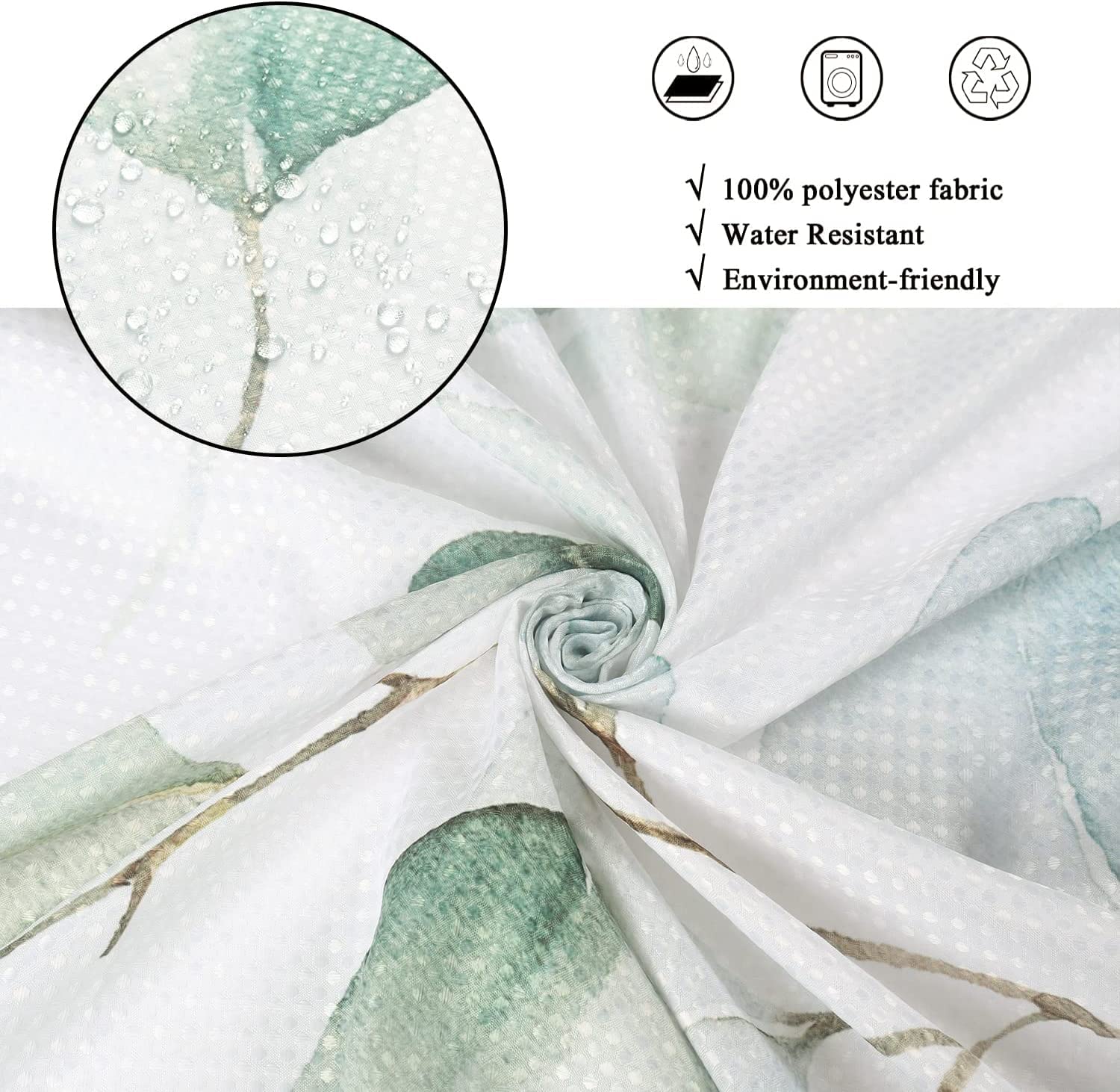 Gcirec Eucalyptus Leaf Waffle Shower Curtains, Weighted Bottom Sage Green Spring Watercolor Botanical Plants Textured Fabric Bat