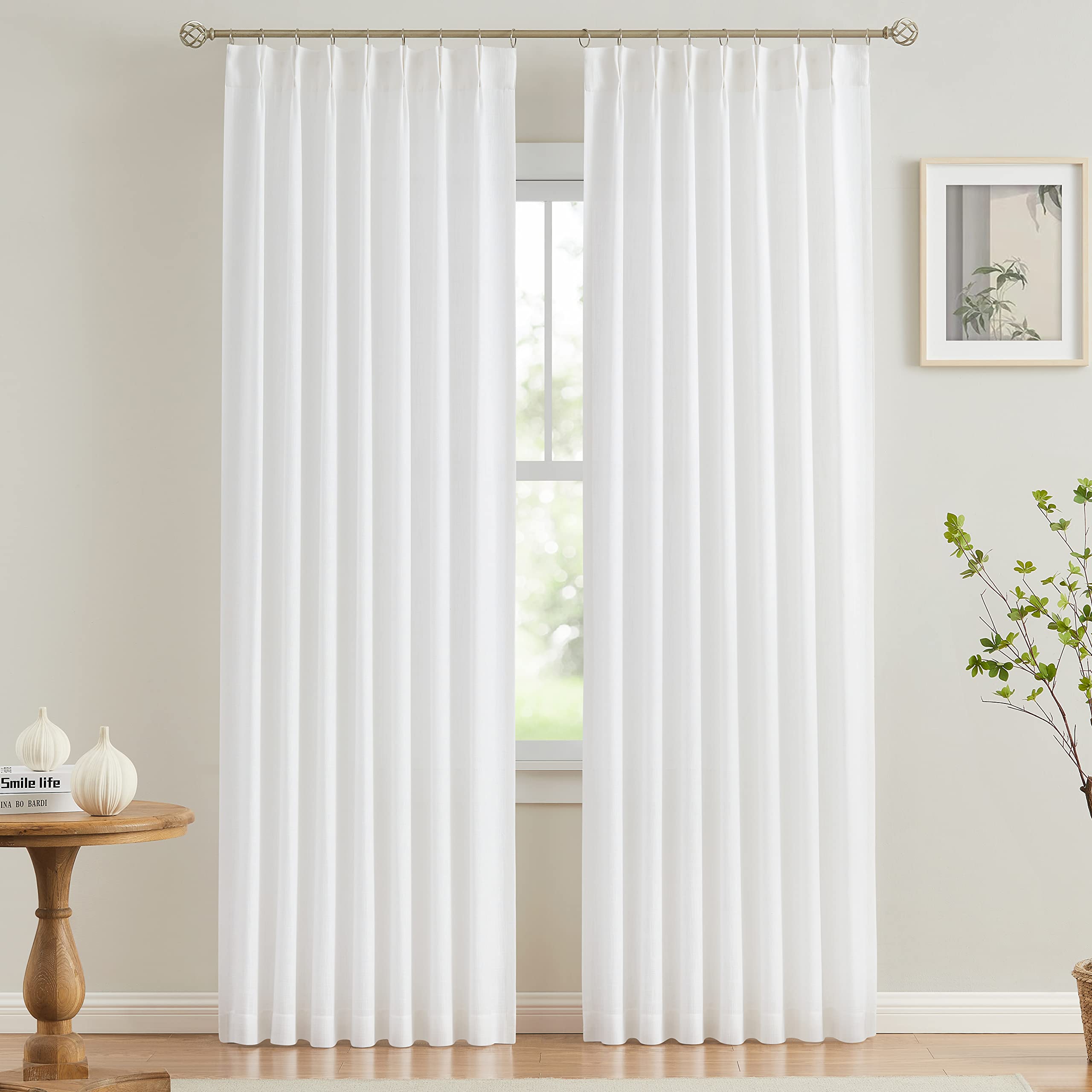 Vision Home White Pinch Pleated Semi Sheer Curtains Textured Light Filtering Window Curtains 95 Inch For Living Room Bedroom Ray
