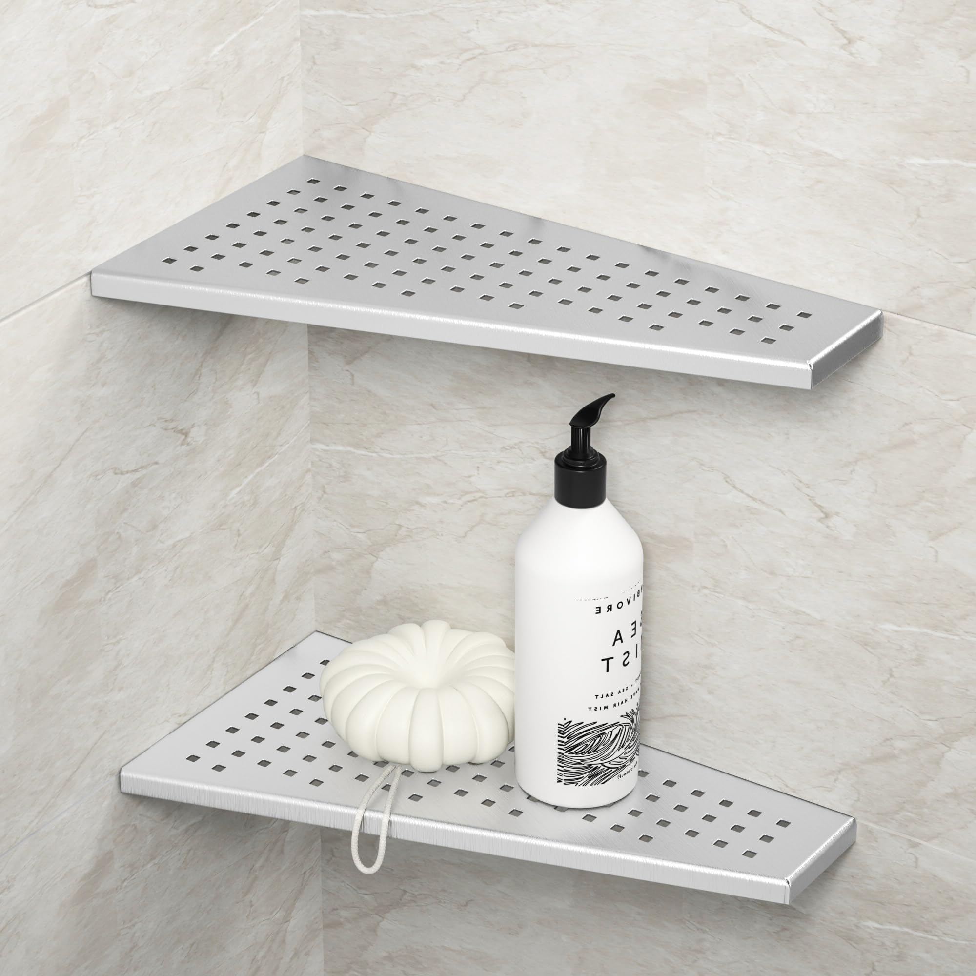 Bernkot Corner Shower Shelf, 12 Trapezoid Floating Shelf, 304 Stainless Steel Grid Design Recessed Bathroom Shelf for Tiled Wall