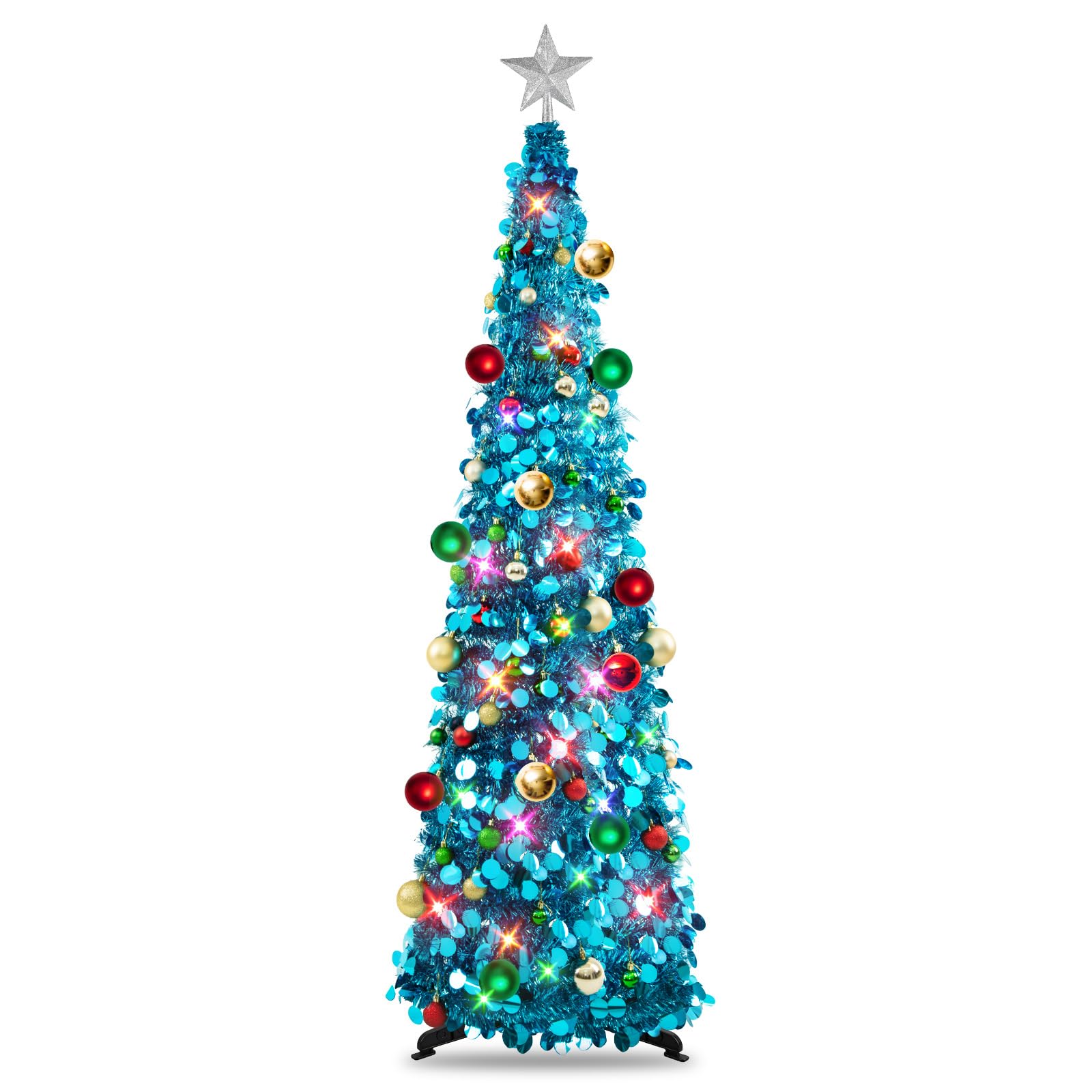 N&T NIETING Pop Up Christmas Tree with Lights & 30 Balls, 5Ft Collapsible Blue Tinsel Christmas Tree Decorations, Pencil Christm