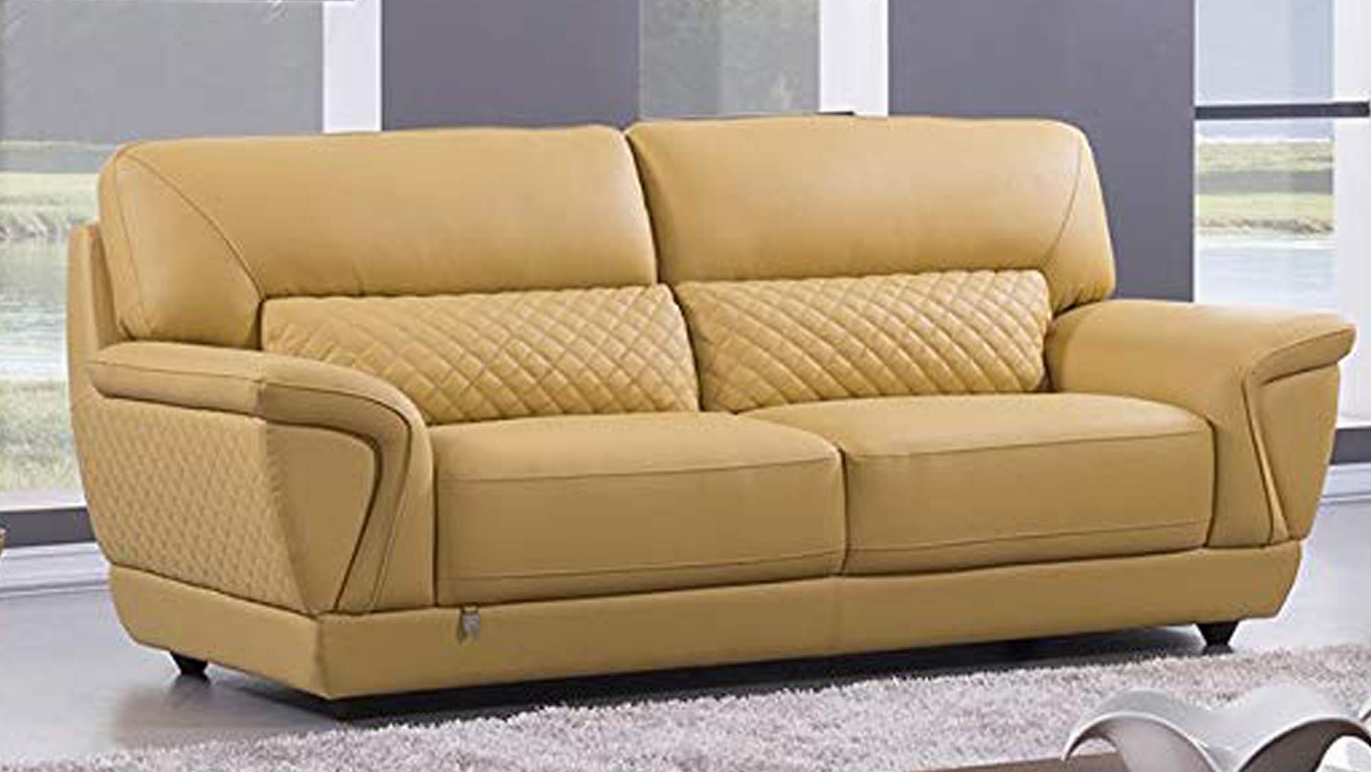 Benjara Leather Upholstered Wooden Loveseat with Attached Lumbar Cushion, Yellow,