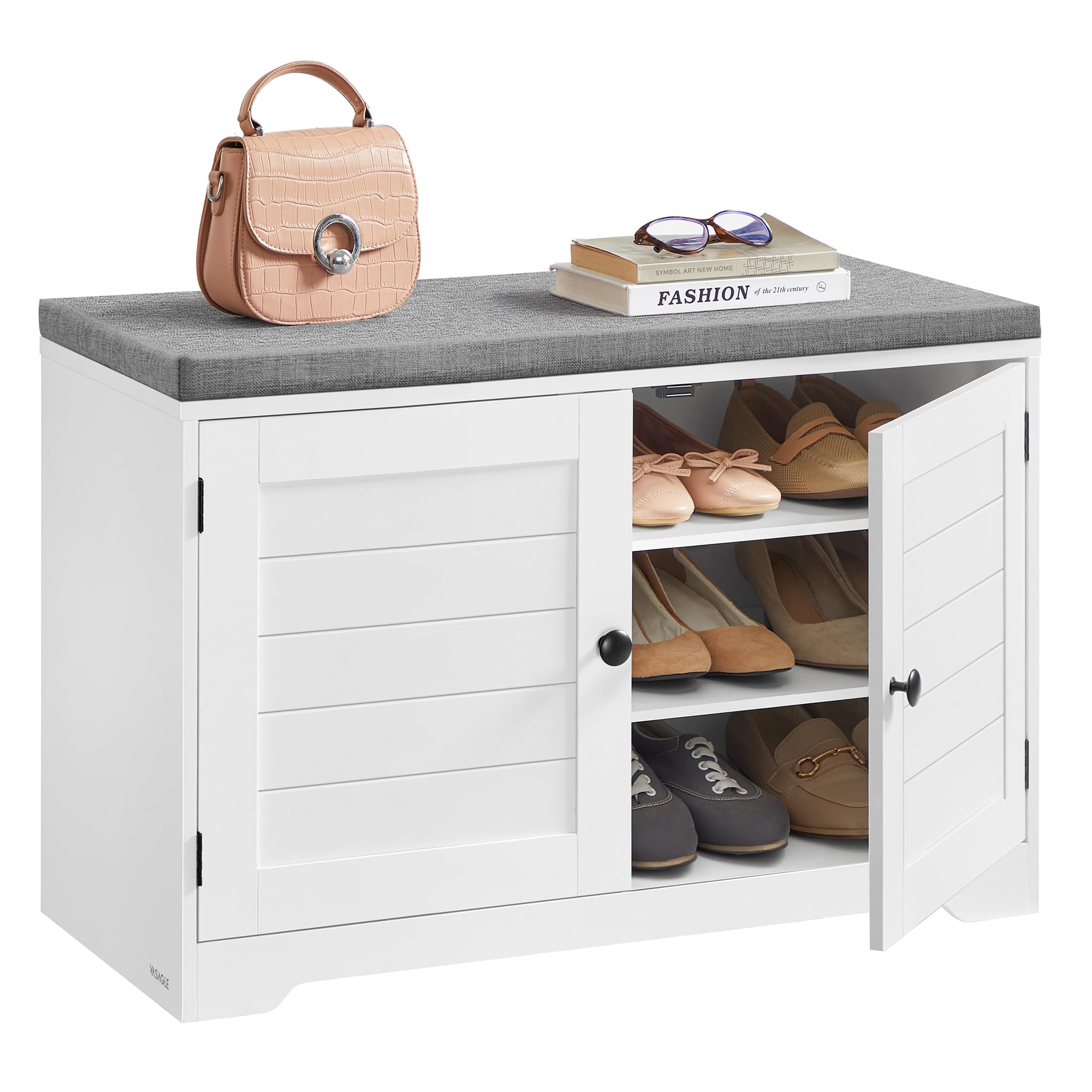 VASAGLE Shoe Storage Bench with Cushion, 3-Tier Entryway Bench with Padded Seat, Doors, Adjustable Shelves, 14 x 31.9 x 20.7 Inc