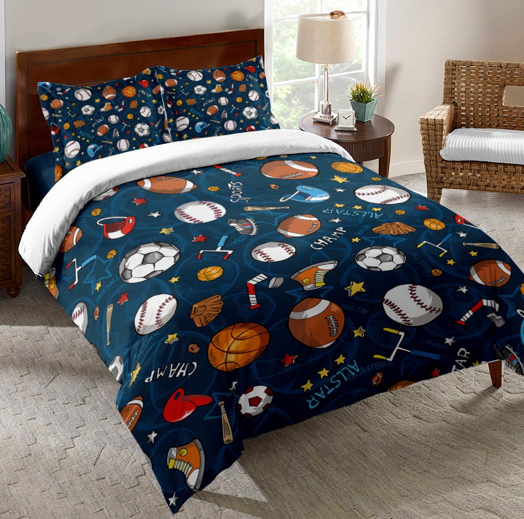 Shinichistar Full Size Sports Bedding Comforter Set For Teens Basketball Baseball Football Soccer Printed Quilt Set For Boys Chi