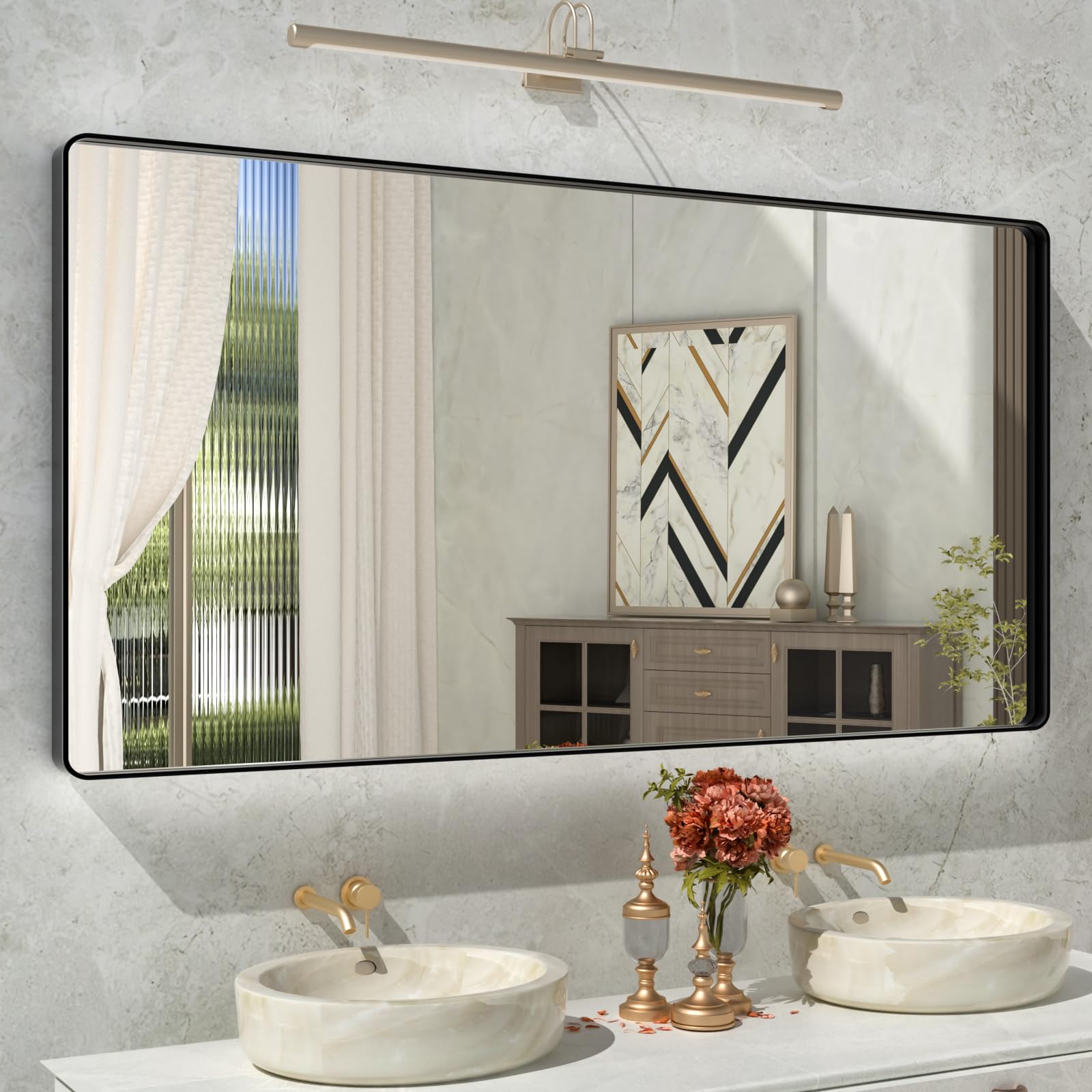 ISTRIPMF Rectangle Black Bathroom Mirror 60x28 Inch, Large Matte Black Bathroom Vanity Mirror,Round Corner Black Metal Framed Mi