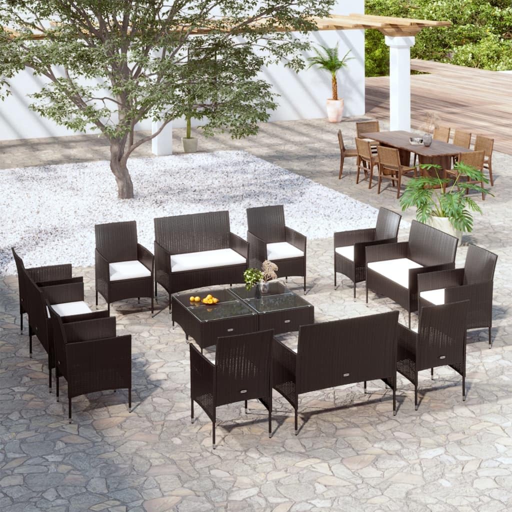 vidaXL Patio Lounge Set 16 Piece, Patio Furniture Set for Outdoor Garden Backyard, Sectional Sofa with Cushions, Loveseat, Poly Rattan Black