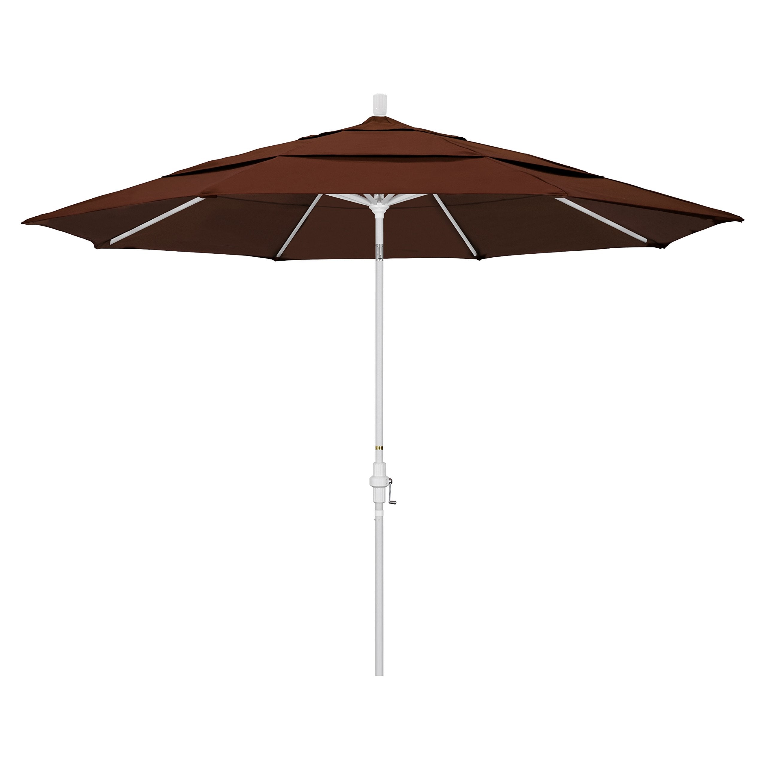 California Umbrella 11' Round Aluminum Market Umbrella, Crank Lift, Collar Tilt, White Pole, Sunbrella Bay Brown