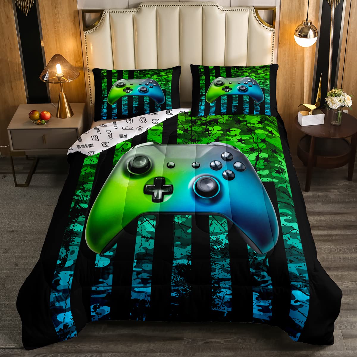 Gamer Bedding Sets for Boys American Flag Comforter Set Twin Size Gaming Comforter Military Camo Retro Down Comforter Kids Game 