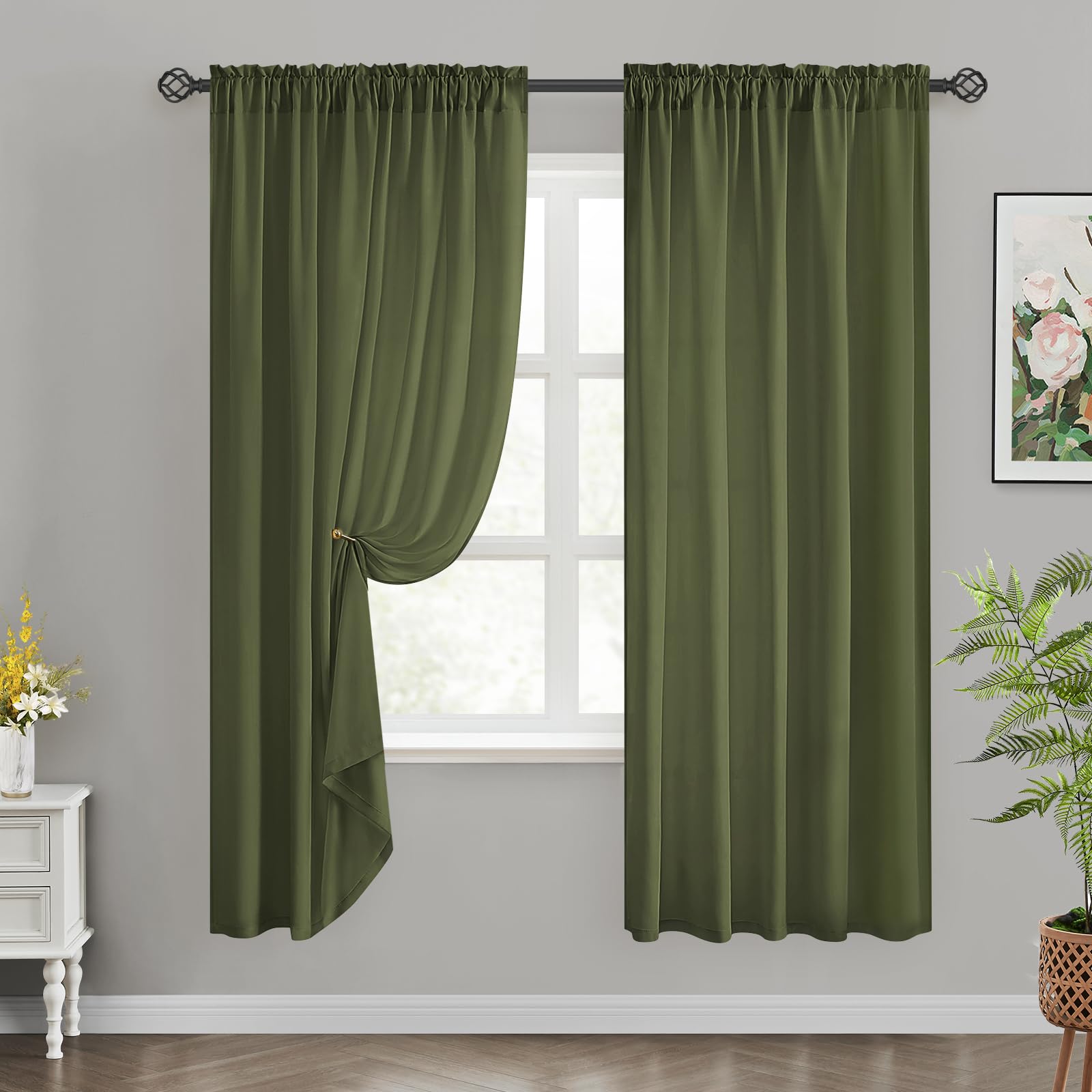 HOMEIDEAS Non-See-Through Olive Green Privacy Sheer Curtains, 52 X 72 Inches Long 2 Panels Sheer Curtains Light Filtering Window