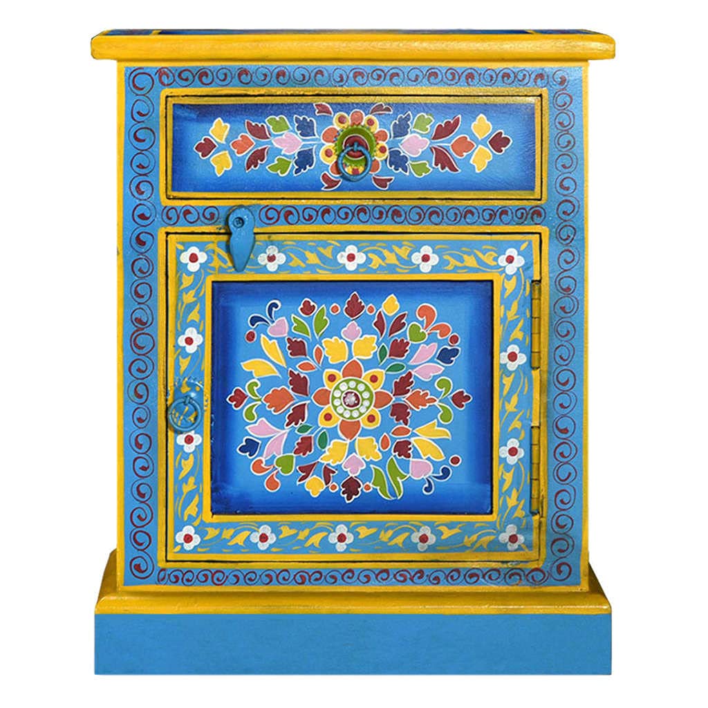 vidaXL Handmade Solid Mango Wood Bedside Cabinet with Hand-Painted Turquoise Details - Retro-Style Nightstand with Drawer and Cabinet