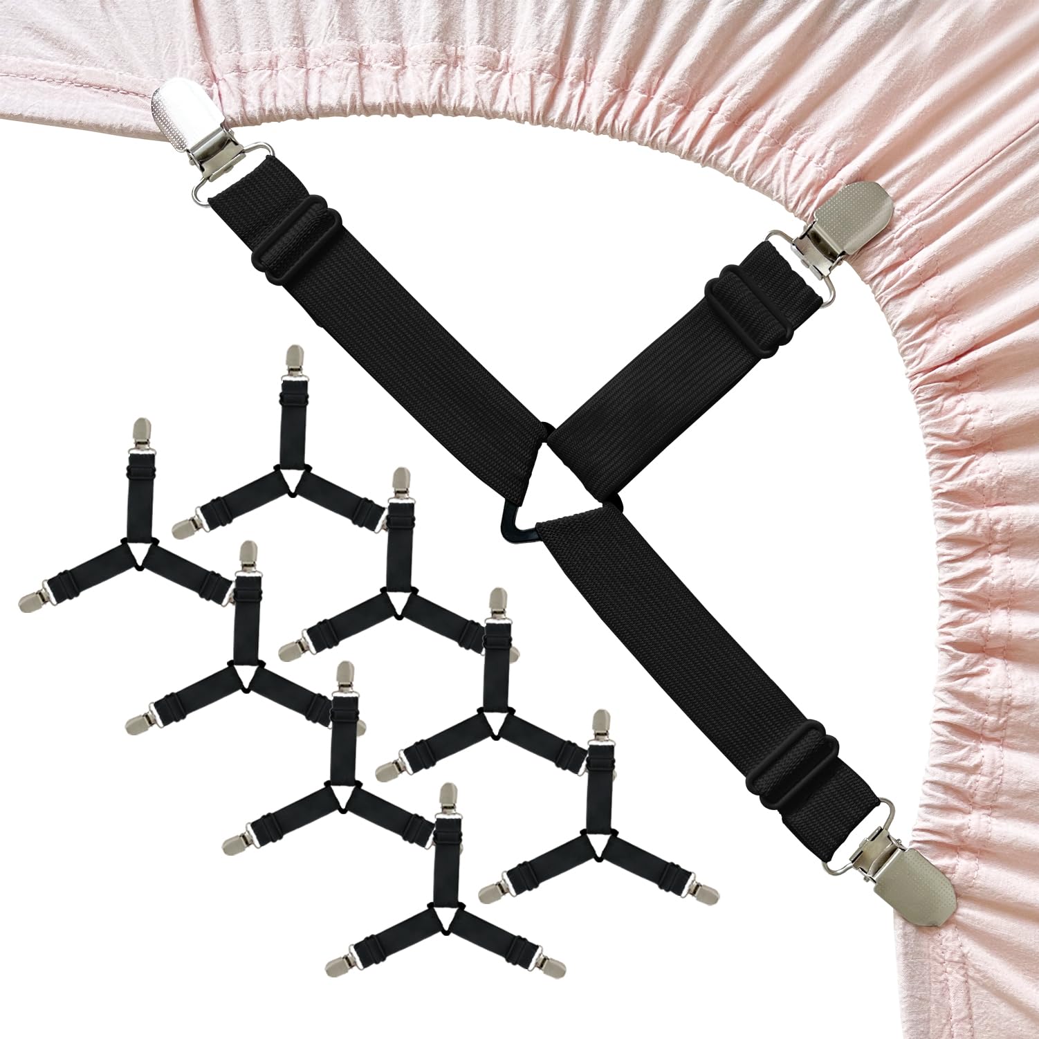 Bozenu Bed Sheet Straps, Upgrade Fitted Bed Sheet Holders For Corners, Non Slip Sheet Clips Black 8Pcs
