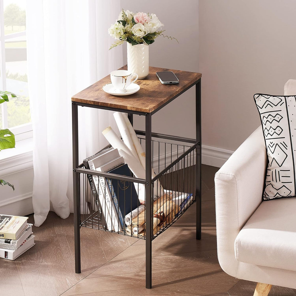 VECELO 31 H Tall Side End Table,2Tier Shelf Storage Organizer with Versatile Metal Basket for Living Room/Kitchen/Laundry/Bath