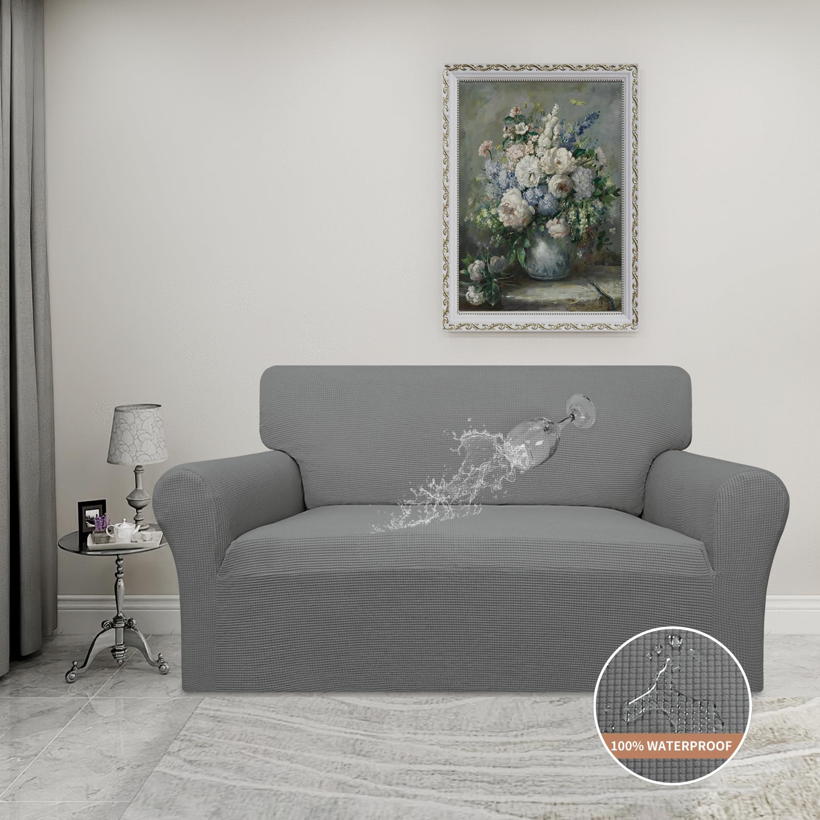 Easy-Going 100% Waterproof Loveseat Couch Cover, Dual Waterproof Sofa Cover, Stretch Jacquard Sofa Slipcover, Leakproof Furniture Protector For Kids, Pets, Dog And Cat (Loveseat, Grey)