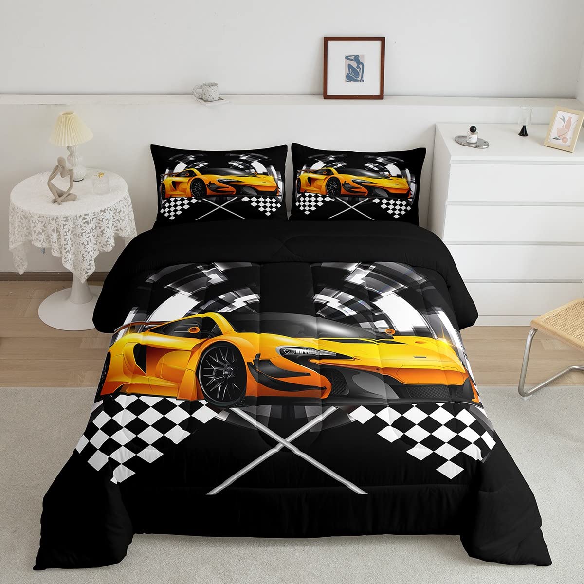 Yellow Race Car Comforter Set Full Size, Black And White Grid Quilt Set Extreme Sport Games Bedding Comforters 3Pcs For Kids Tee