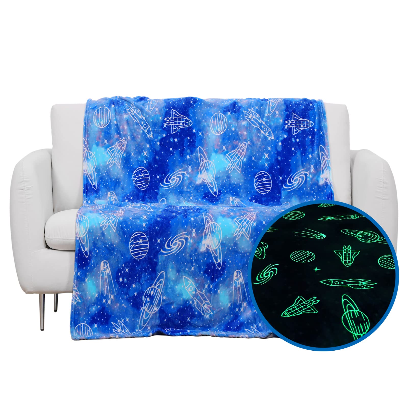Wesan Glow In The Dark Galaxy Blanket Space Gifts For Kids Boys Girls Outer Space Planets Spaceships Astronomy Starry Sky Throw