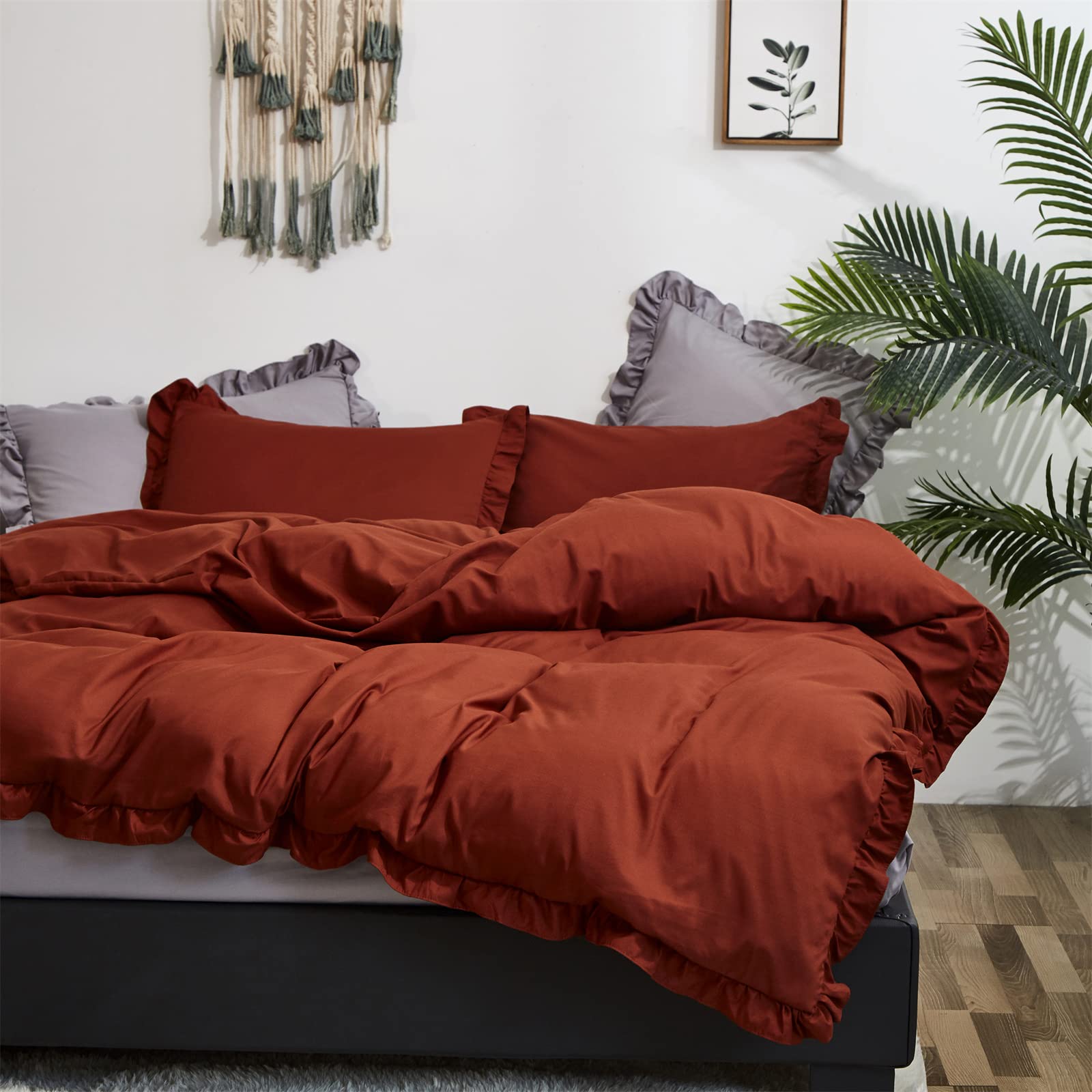 Luxlovery Ruffle Comforter Set King Burnt Orange Farmhouse Caramel Bedding Comforter Set Shabby Chic Cotton Rust Orange Solid Bl