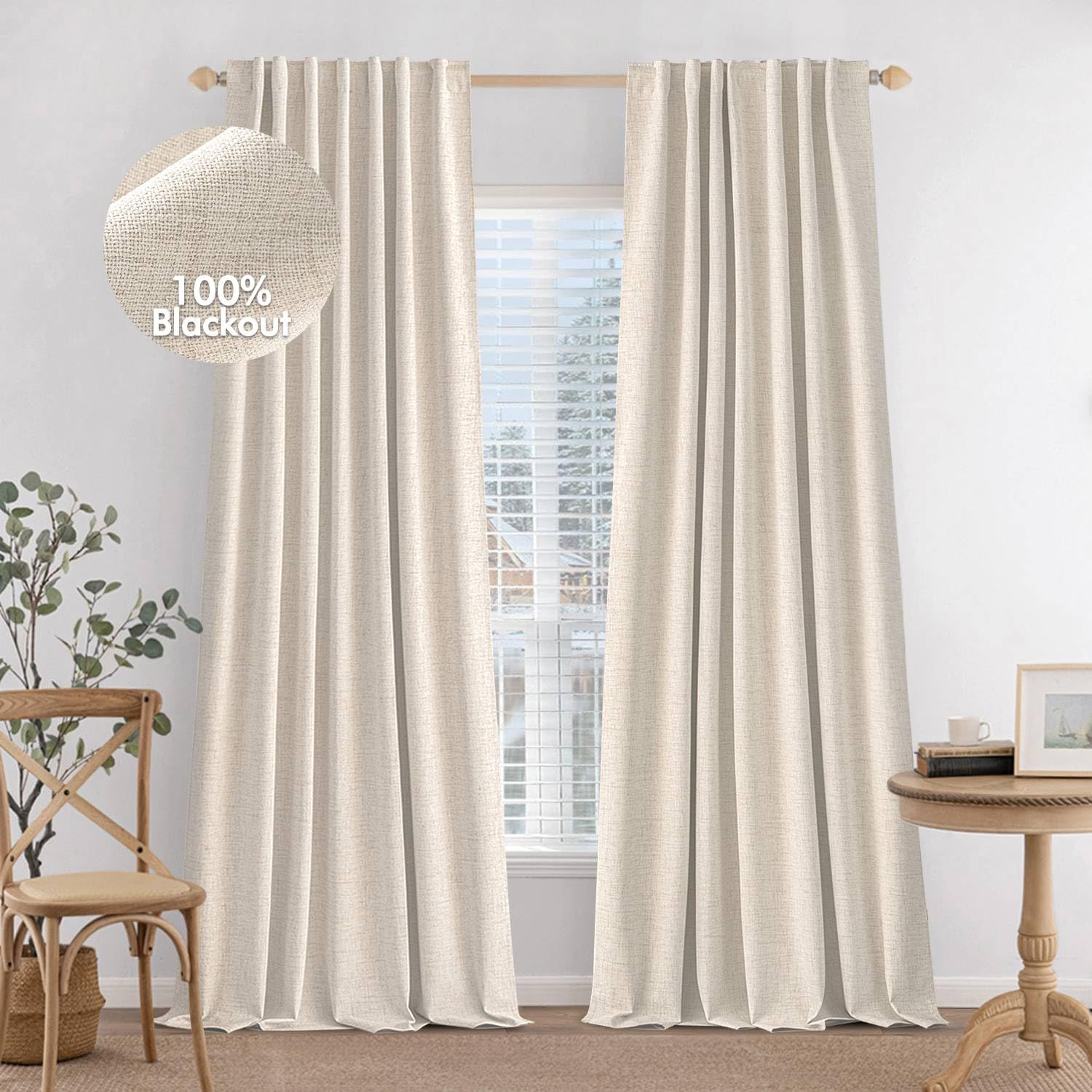 Miulee 100% Blackout Curtains 84 Inches Long 2 Panels Set Linen Curtains & Drapes For Bedroom Back Tab Living Room Darkening Full Black Out Window Curtain Panels Rod Pocket, Natural Beige