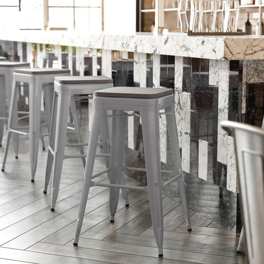 Flash Furniture Kai Commercial Grade Indoor-Outdoor Counter Height Stool - Silver Metal Frame - Gray Poly Resin Seat - 24&Quot; High - Backless