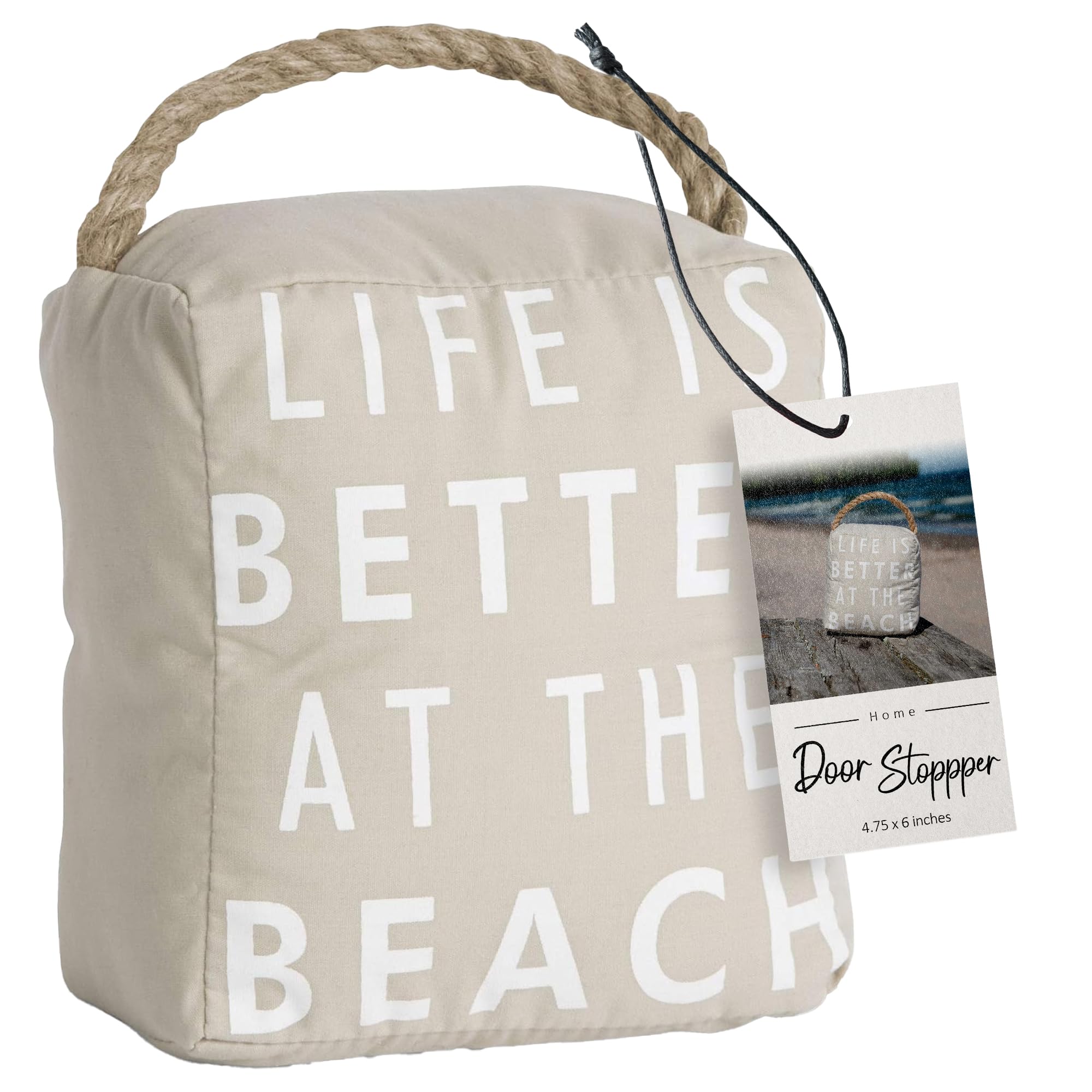 Pavilion 'Life Is Better At The Beach' Canvas Door Stopper - Weighted Fabric Decorative Doorstop With Handle, Polyester Sand B