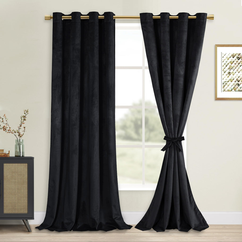 DWCN Black Blackout Velvet Curtains 84 inches with Tiebacks - Elegant Heavy Duty Thermal Insulated Energy Efficiency Grommet Win