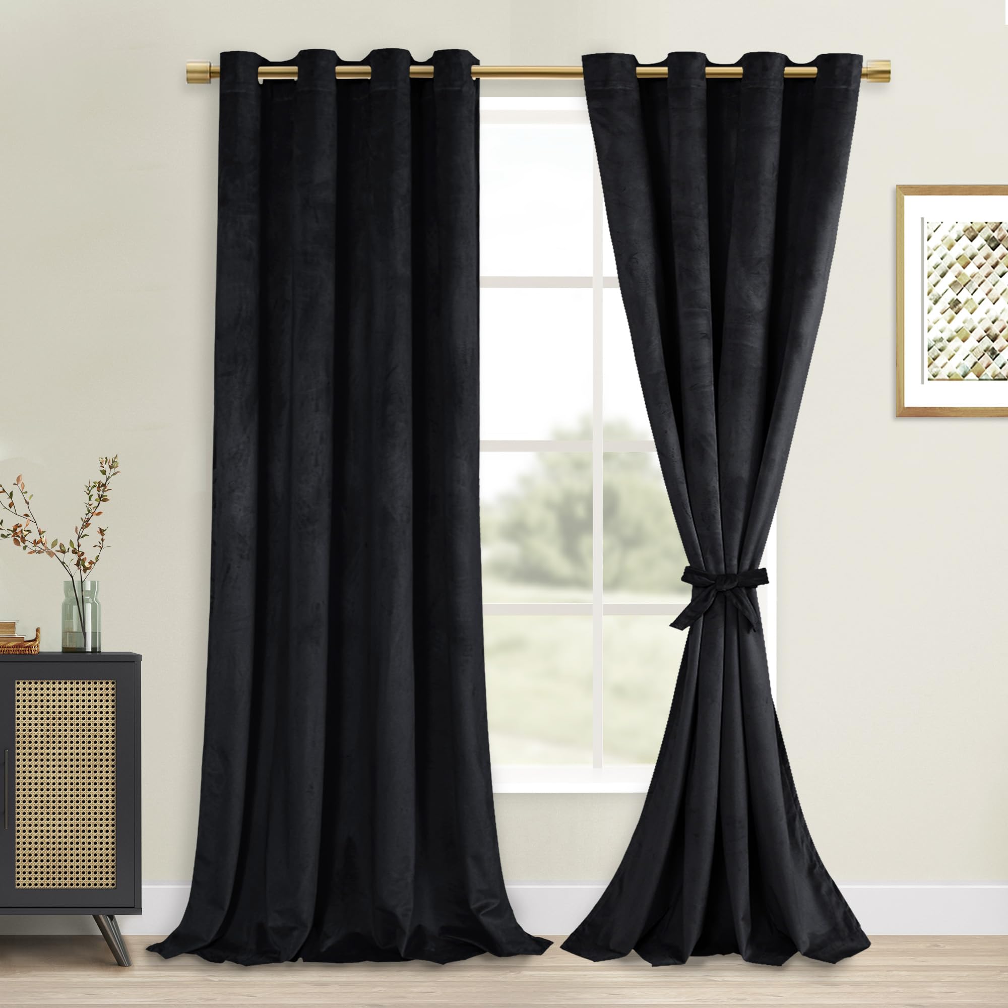 DWCN Black Blackout Velvet Curtains 84 inches with Tiebacks - Elegant Heavy Duty Thermal Insulated Energy Efficiency Grommet Win