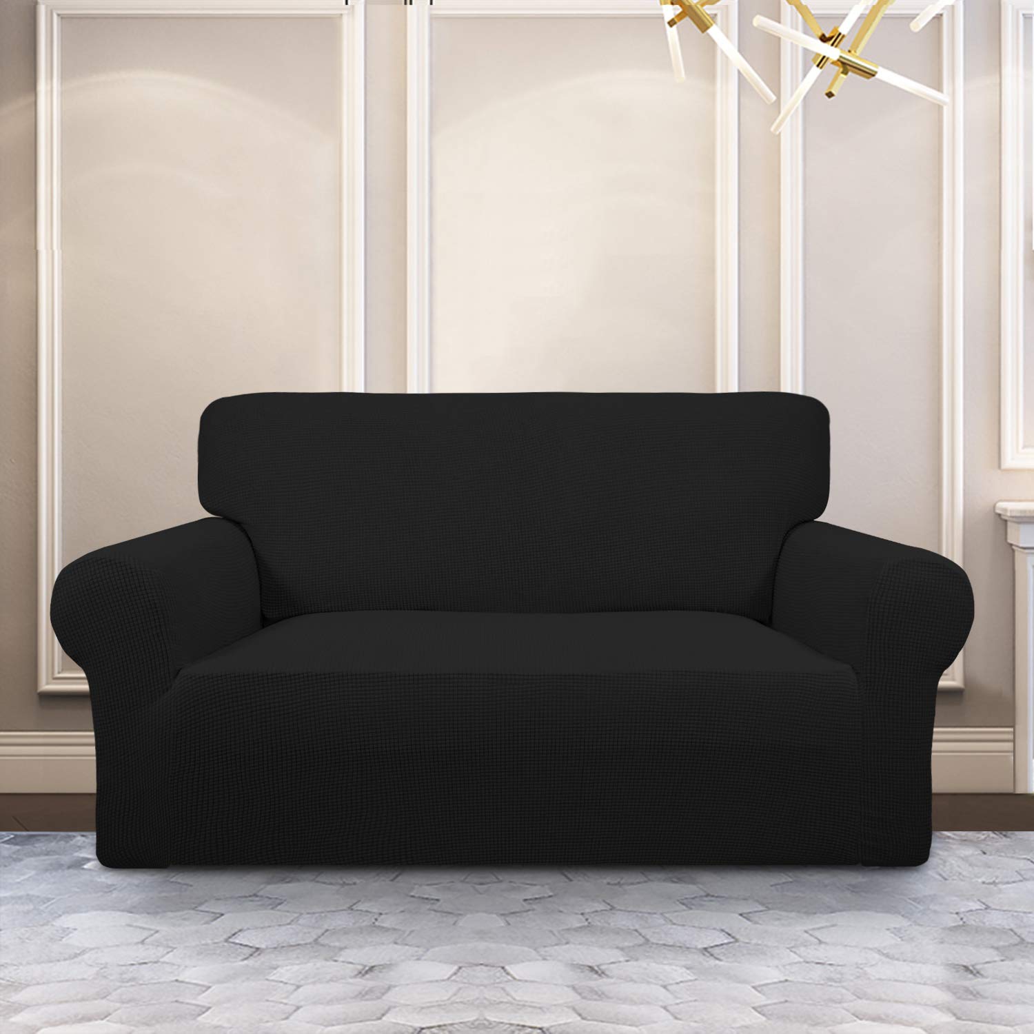 Purefit Stretch Loveseat Sofa Slipcover – Spandex Jacquard Non Slip Soft Couch Sofa Cover, Washable Furniture Protector With Non Skid Foam And Elastic Bottom For Kids (Loveseat, Black)