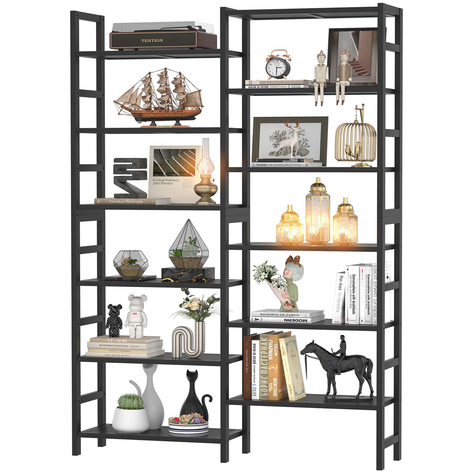 Homykic Double Wide Bamboo Bookshelf Black, 6-Tier Large Open Bookcase With 12 Display Shelves, 6Ft Tall Freestanding Book Shelf For Home Office, Bedroom, Living Room, Plants
