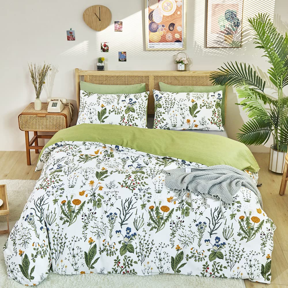 Clothknow Sage Green Comforter Set Twin Cotton Floral Botanical Bedding Sets White Green Flowers Bedding Comforter Soft 3Pcs Bed