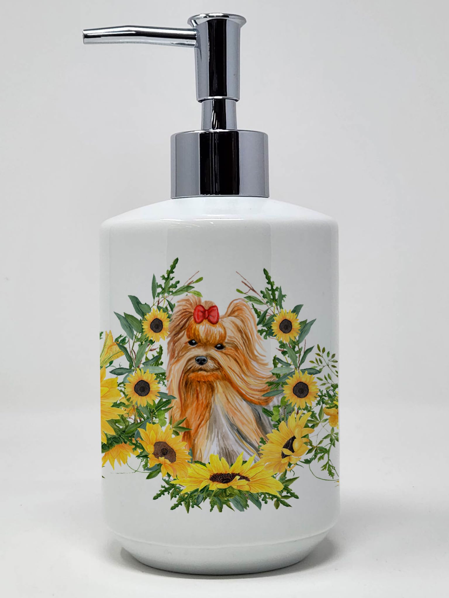 Caroline's Treasures CK2877SOAP Yorkshire Terrier in Sunflowers Ceramic Soap Dispenser Hand Soap Dispenser Pump Bottles for Bath