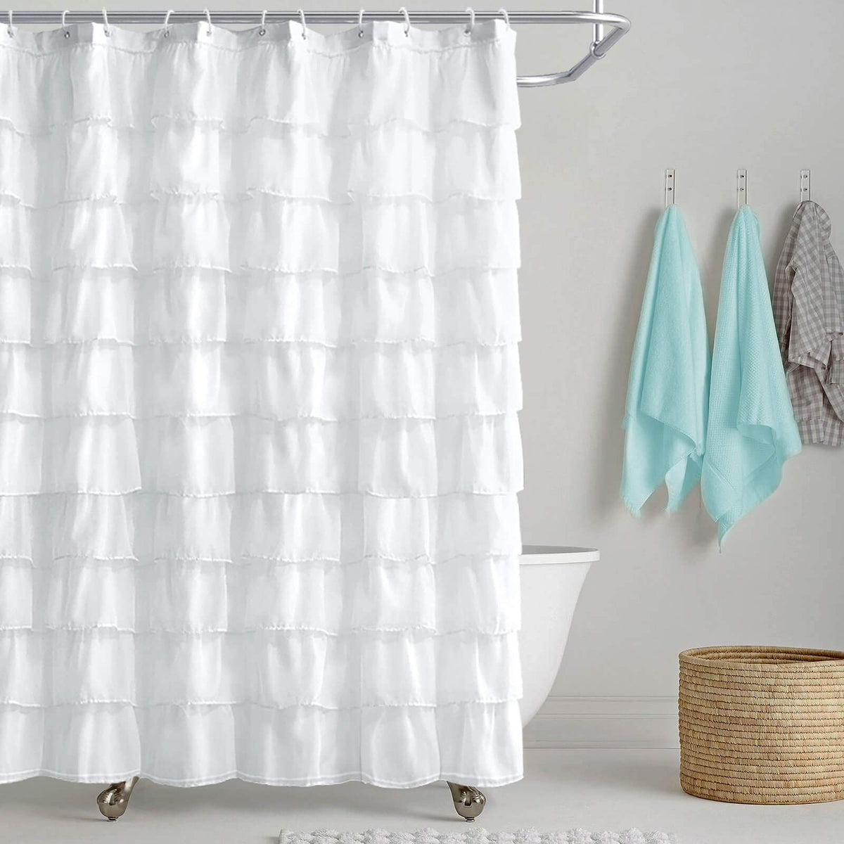 Reisen White Shower Curtain Farmhouse Ruffle Fabric For Bathroom Sheer Shower Curtain 72 In Long