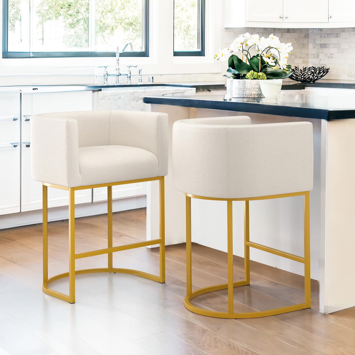 LUE BONA 27'' H Counter Height Bar Stools Set of 2, Modern Barrel Counter Stools with Backrest and Arms, Gold Metal Frames, Line