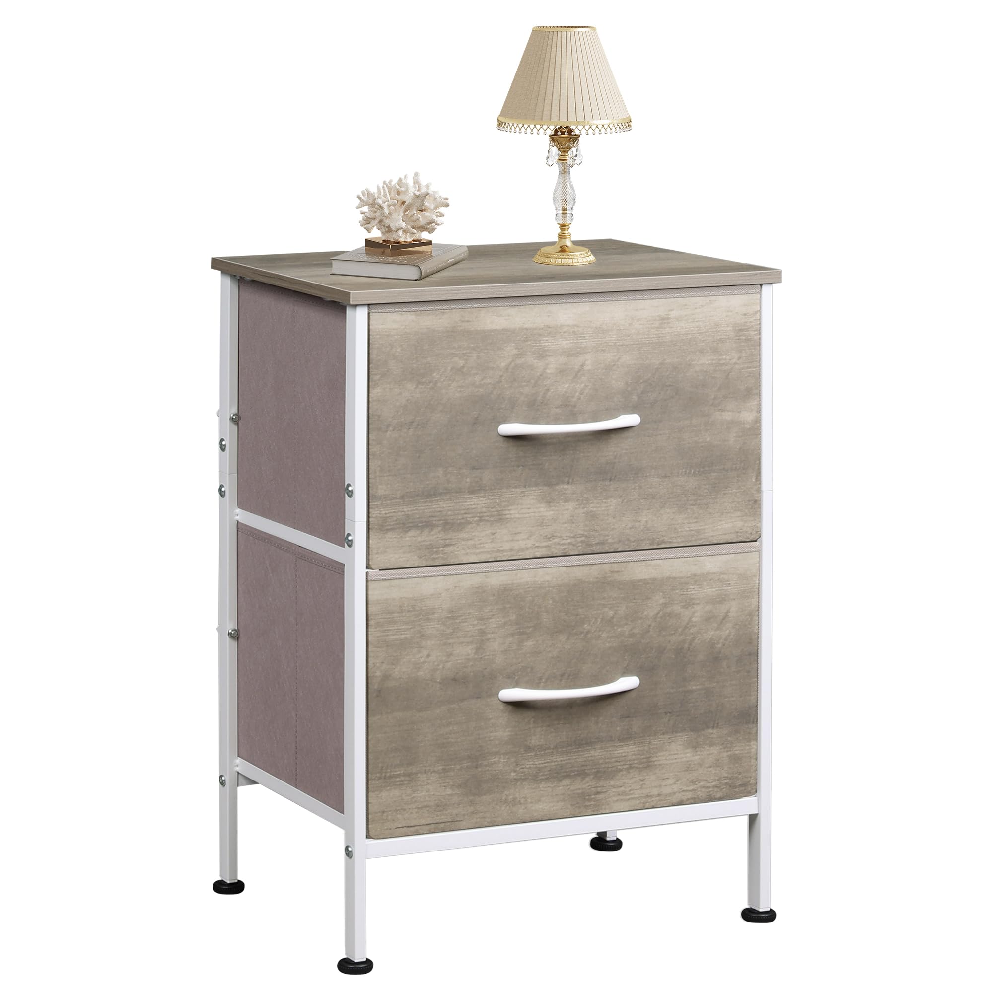 Wlive Night Stand, Greige Nightstand With 2 Fabric Drawers, Small Dresser For Bedroom, Bedside Table End Table With Storage Drawer, College Dorm, Dormitory, Greige Oak, Size L