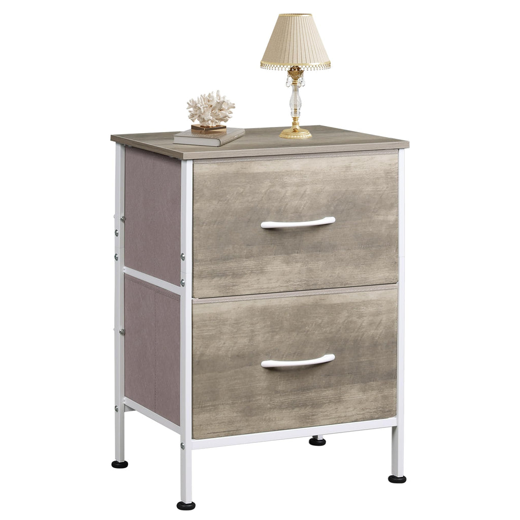 Wlive Night Stand, Greige Nightstand With 2 Fabric Drawers, Small Dresser For Bedroom, Bedside Table End Table With Storage Drawer, College Dorm, Dormitory, Greige Oak, Size L