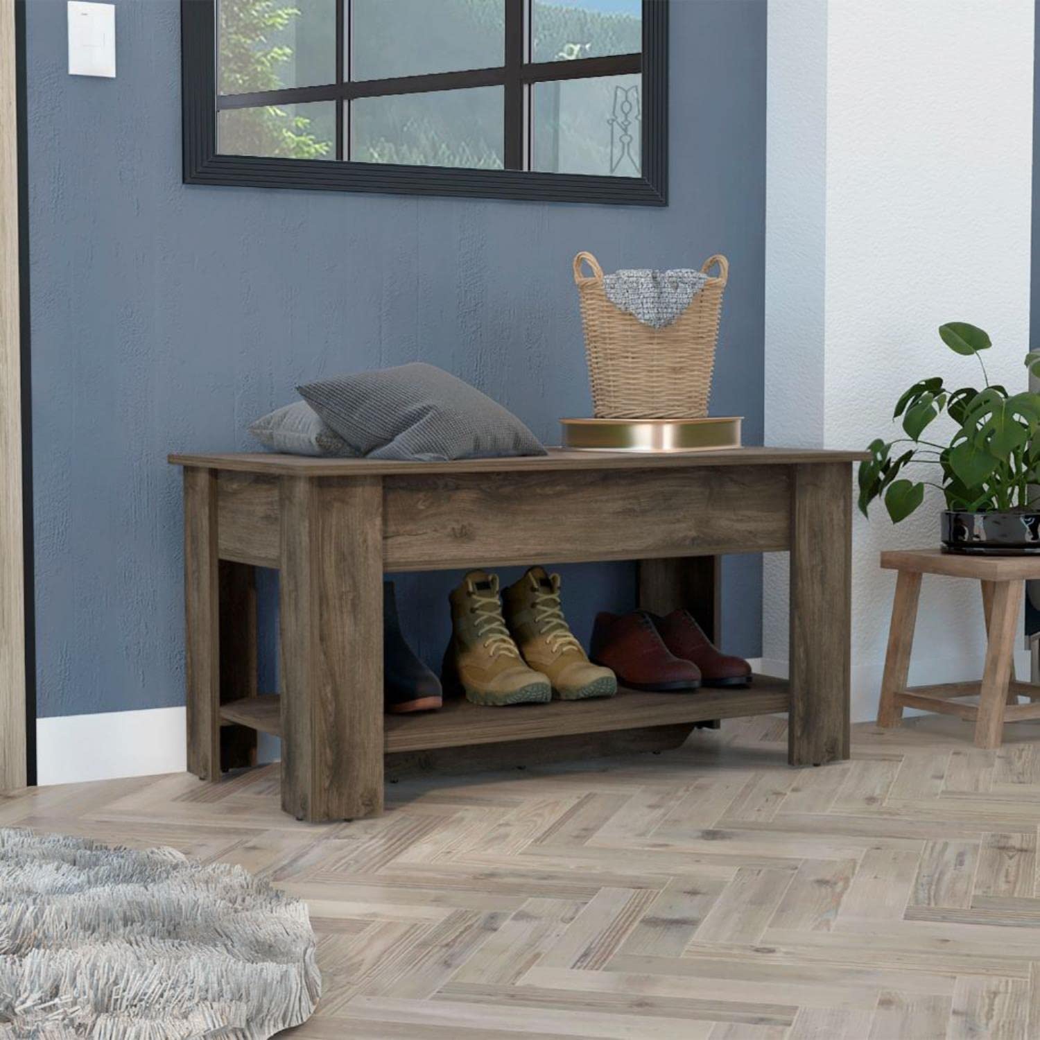 Saturn Storage Bench with Liftable Top, Lower Shelf, and 4 Legs, Dark Brown