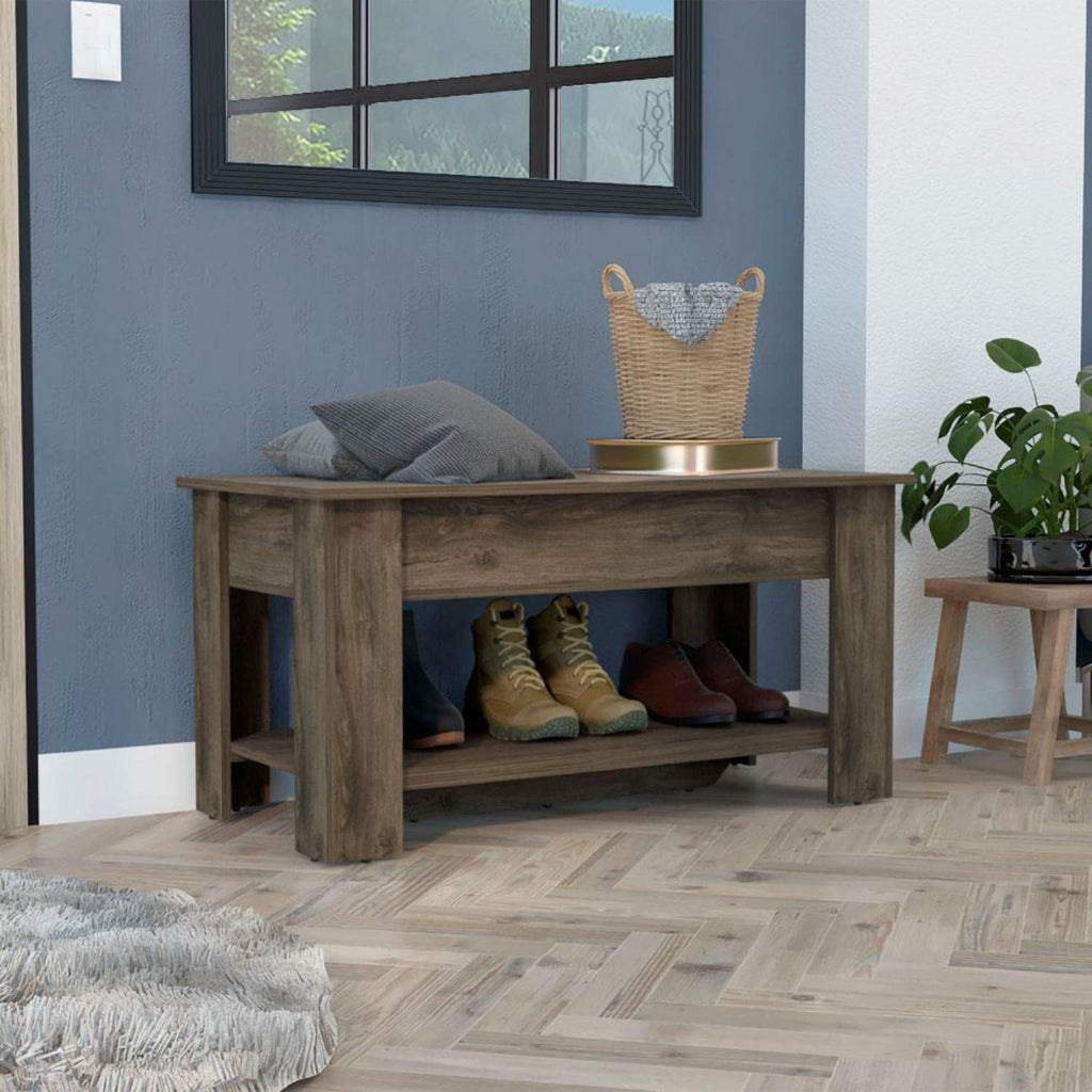 Saturn Storage Bench with Liftable Top, Lower Shelf, and 4 Legs, Dark Brown