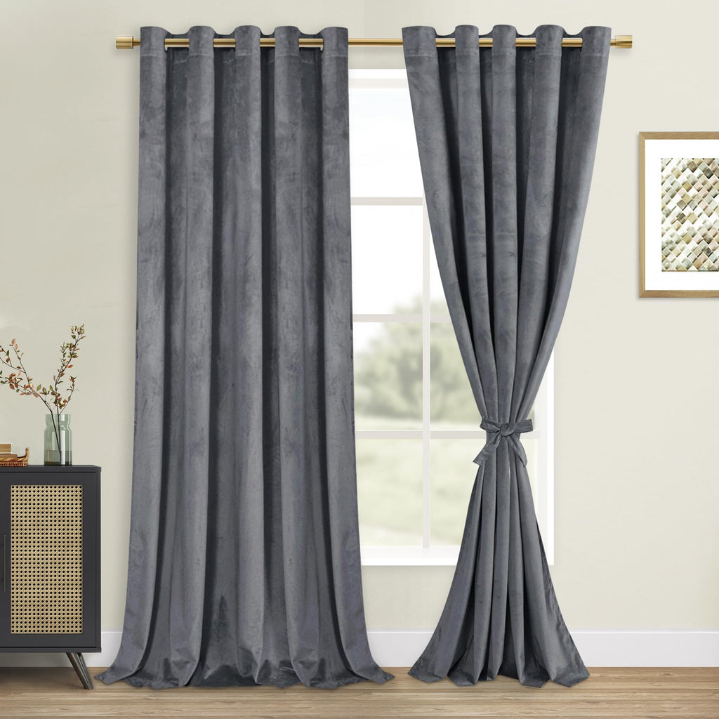 DWCN Extra Wide Grey Velvet Curtains - 96 Inches Long Thick Grommet Tieable Window Treatments Blackout Room Darkening Privacy Pr